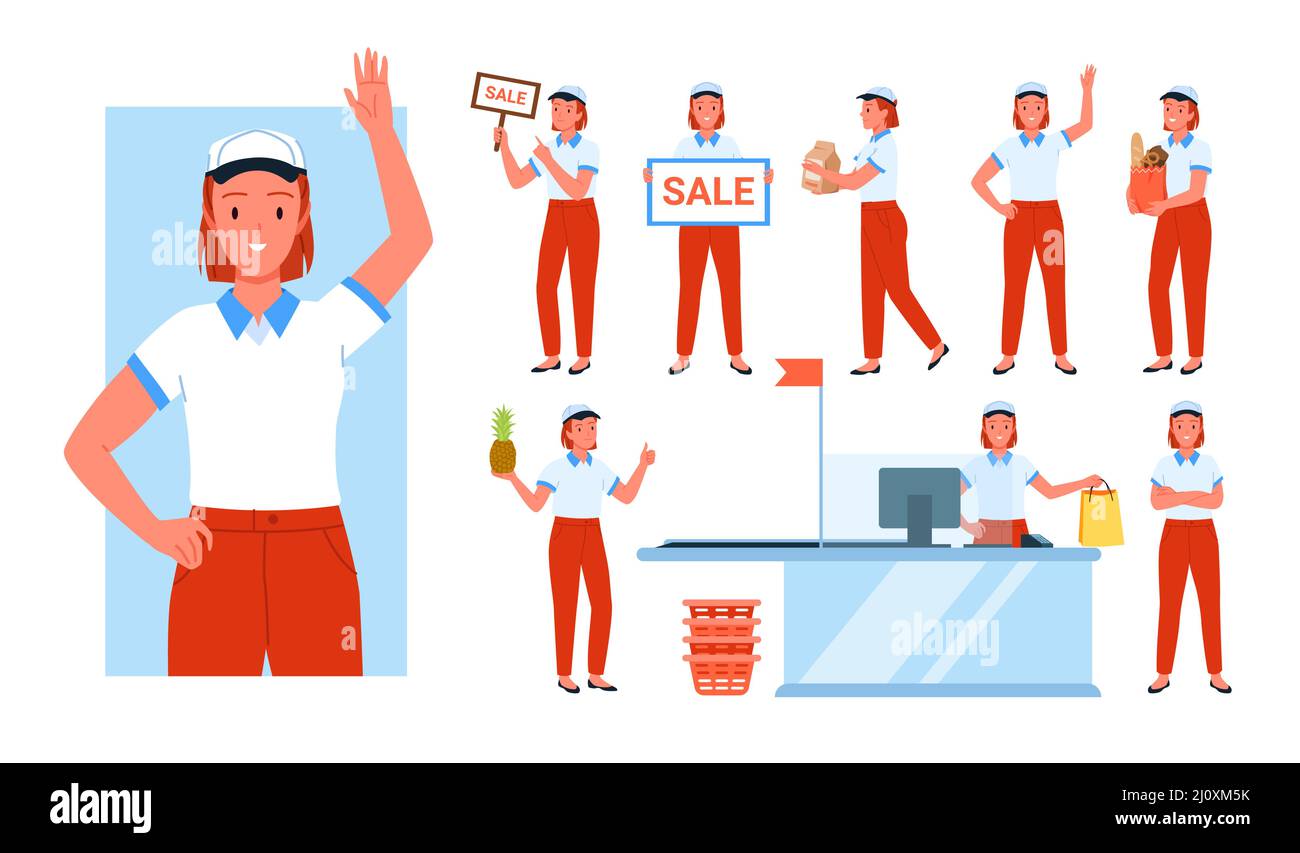 Ensemble de fille vendeur pendant la journée de travail dans différentes poses Illustration de Vecteur Ensemble de fille vendeur pendant la journée de travail dans différentes poses Illustration de Vecteur