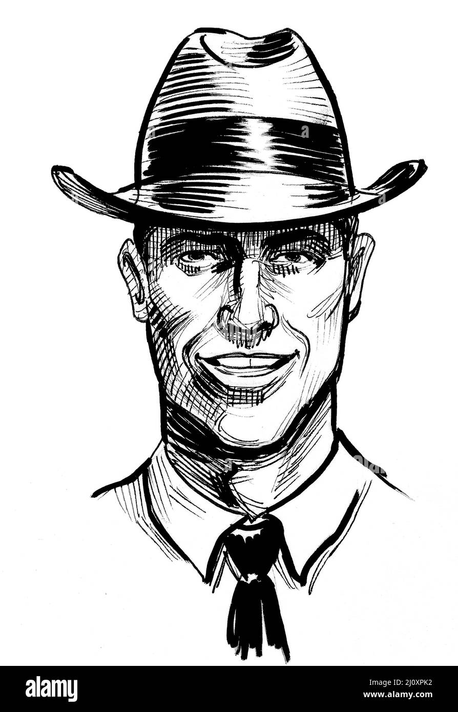 Homme en chapeau. Dessin noir et blanc d'un homme en chapeau Photo Stock -  Alamy