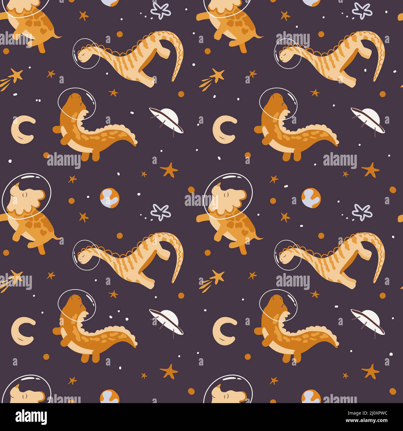 Motif sans couture de jolis dinosaures astronautes. Vecteur de style dessin animé. Astronaute de dinosaures avec des planètes, des comètes et des étoiles autour. Peut être utilisé pour Illustration de Vecteur