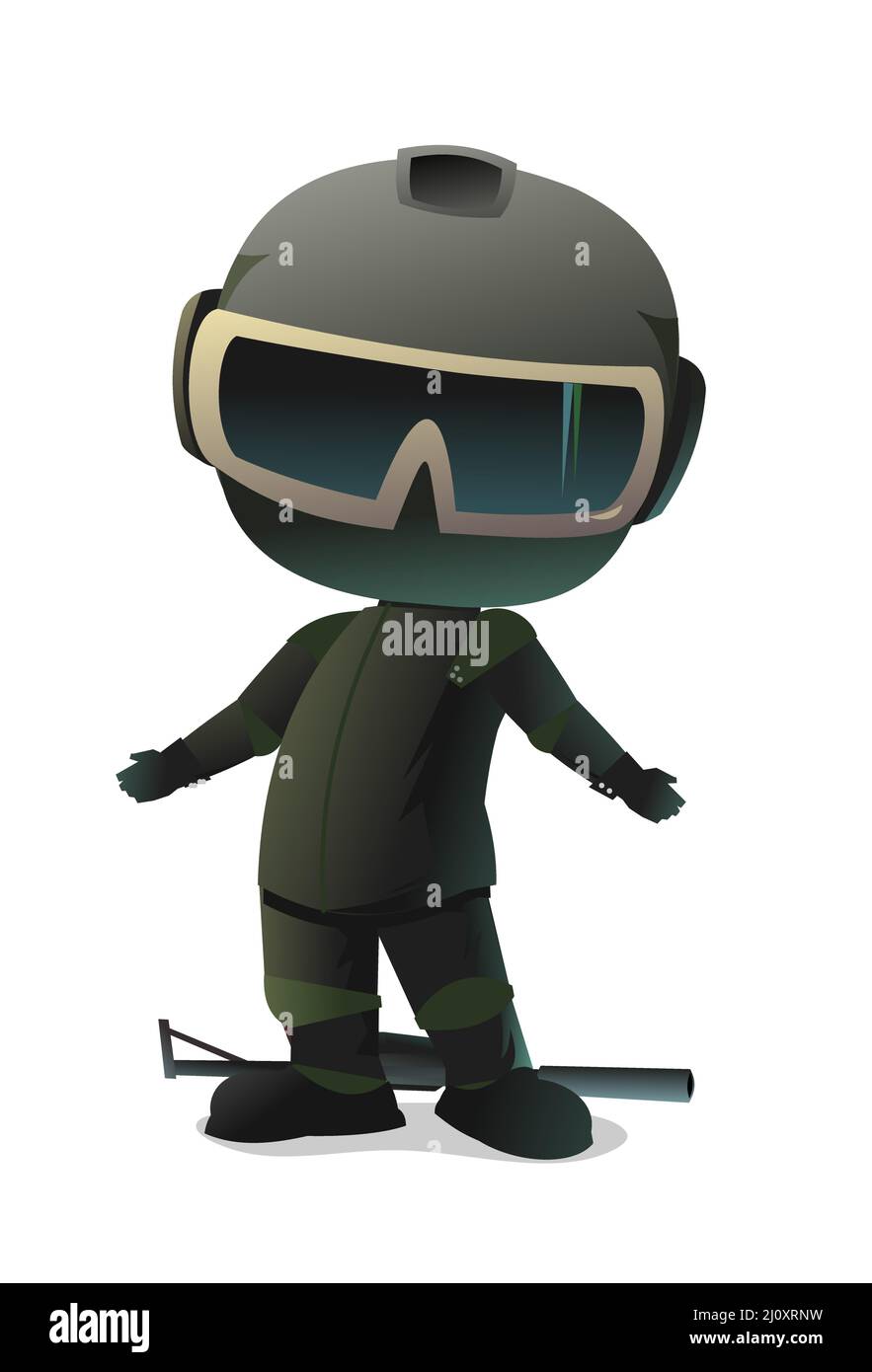 Le guerrier des forces spéciales ne sait pas. Comique personnage drôle. Casque, masque et uniforme. Arme d'assaut avec vue optique. Isolé sur fond blanc Illustration de Vecteur