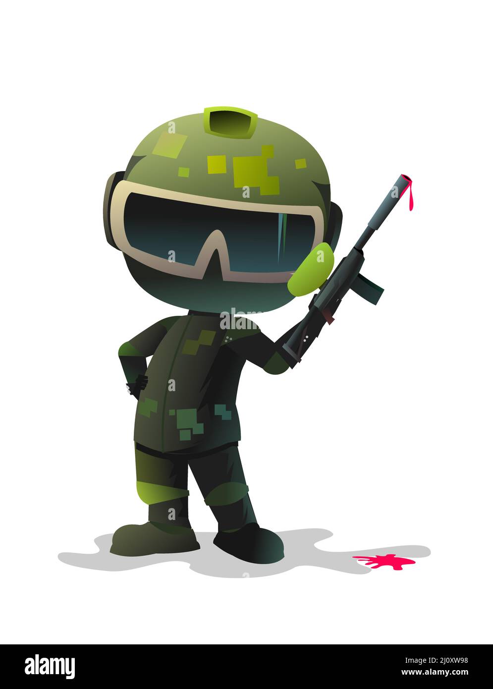 Joueur de paintball guerrier. Soldat de Fortune. La peinture s'égoutte. Comique personnage drôle. Casque, masque et uniforme. Isolé sur fond blanc. Vecteur Illustration de Vecteur