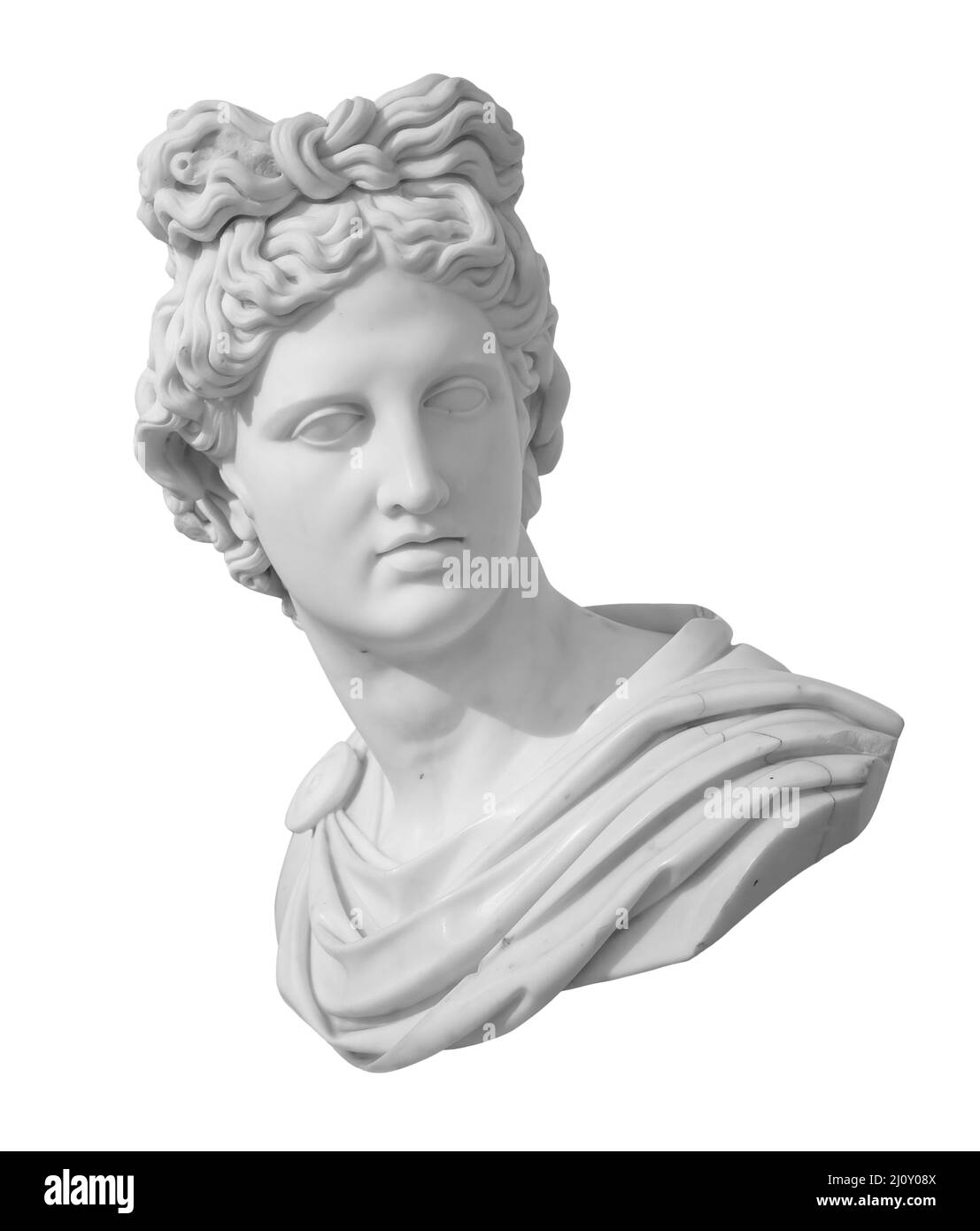 Sculpture de buste de Dieu Apollo. Ancien Dieu grec du Soleil et Poésie copie d'une statue en marbre isolée sur blanc avec clipping p Banque D'Images Sculpture de buste de Dieu Apollo. Ancien Dieu grec du Soleil et Poésie copie d'une statue en marbre isolée sur blanc avec clipping p Banque D'Images