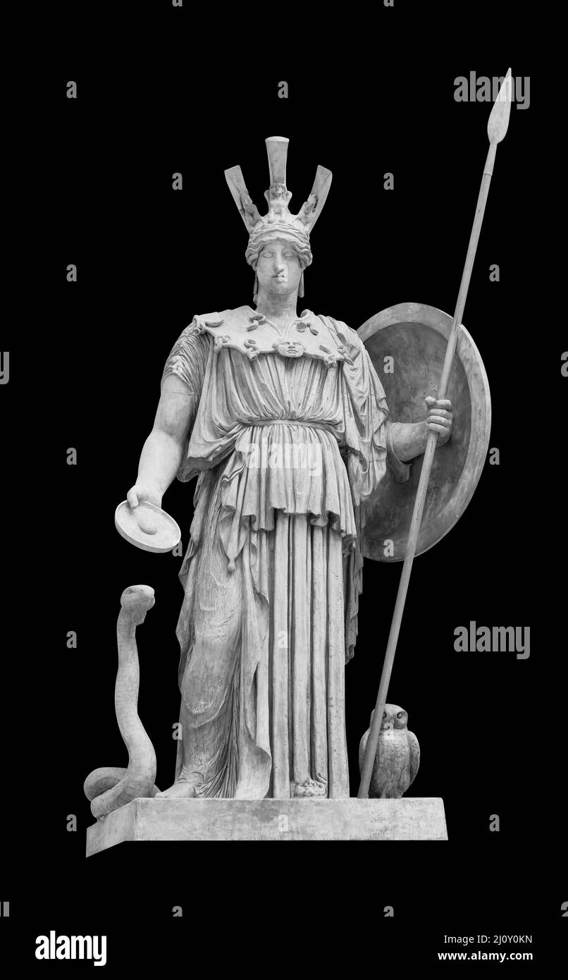 Ancienne statue grecque romaine de la déesse Athéna dieu de la sagesse et la sculpture historique des arts isolée sur noir avec le piton de coupure Banque D'Images Ancienne statue grecque romaine de la déesse Athéna dieu de la sagesse et la sculpture historique des arts isolée sur noir avec le piton de coupure Banque D'Images