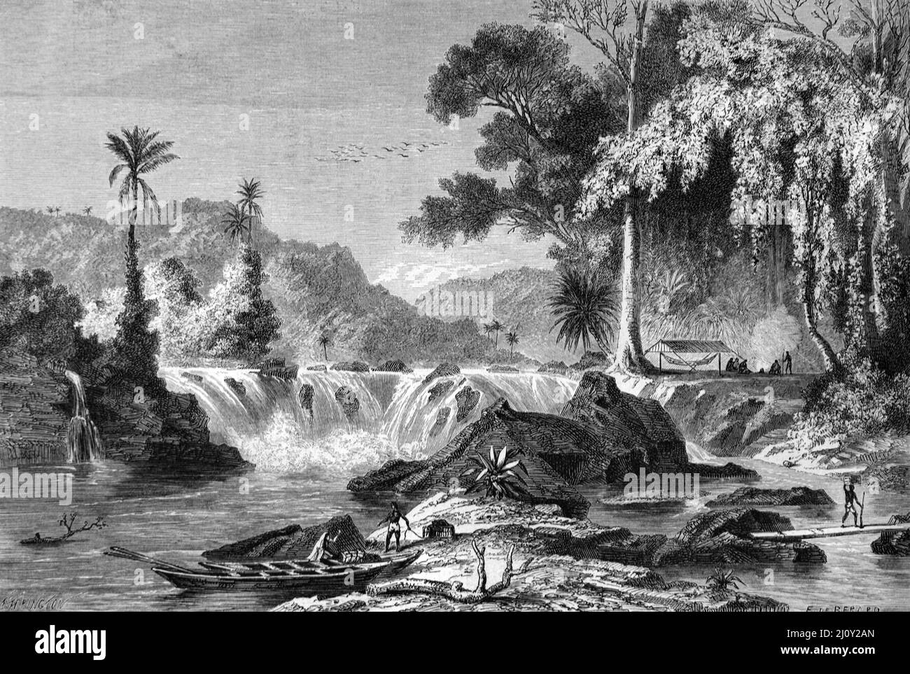Chutes d'Orinduik ou chute d'eau sur la rivière Ireng, montagnes Pakaraima, Guyana, Amérique du Sud. Illustration ancienne ou gravure 1860. Banque D'Images
