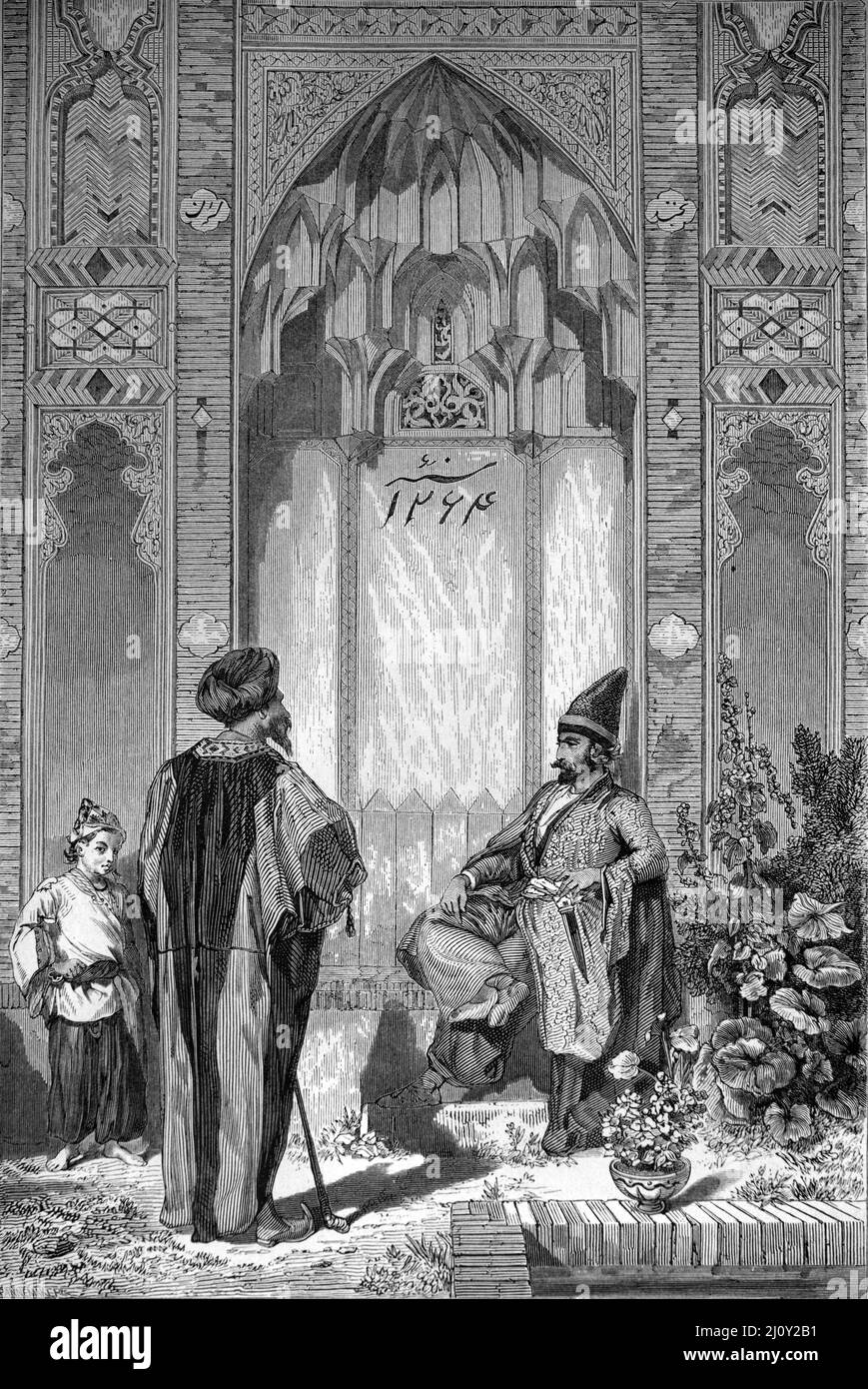 Cour intérieure avec décor ou décoration orientale, architecture iranienne ou orientale, à Téhéran Iran. Illustration ancienne ou gravure 1860. Banque D'Images