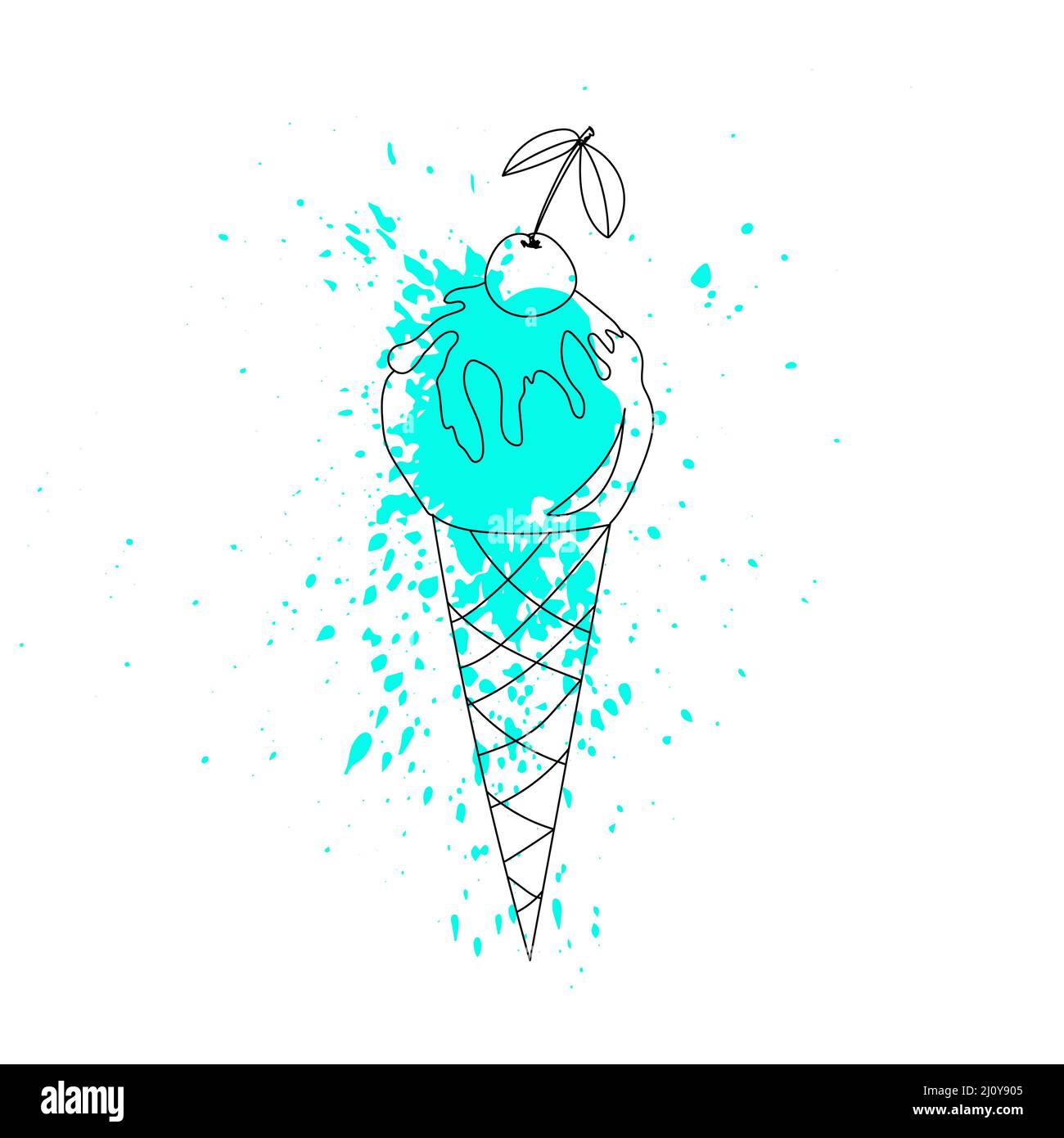 Cornet de crème glacée à la cerise. Illustration vectorielle de style art au trait avec peinture à la menthe pour tirages, autocollants, affiches, cartes postales, conception de menus, café Illustration de Vecteur