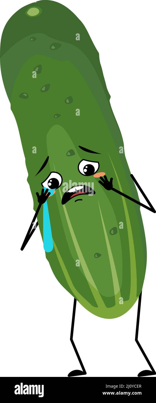 Concombre caractère avec pleurs et larmes émotion, visage triste, yeux dépressifs, bras et jambes. Personne à expression mélancolique, émoticône légumière vert. Illustration vectorielle plate Illustration de Vecteur