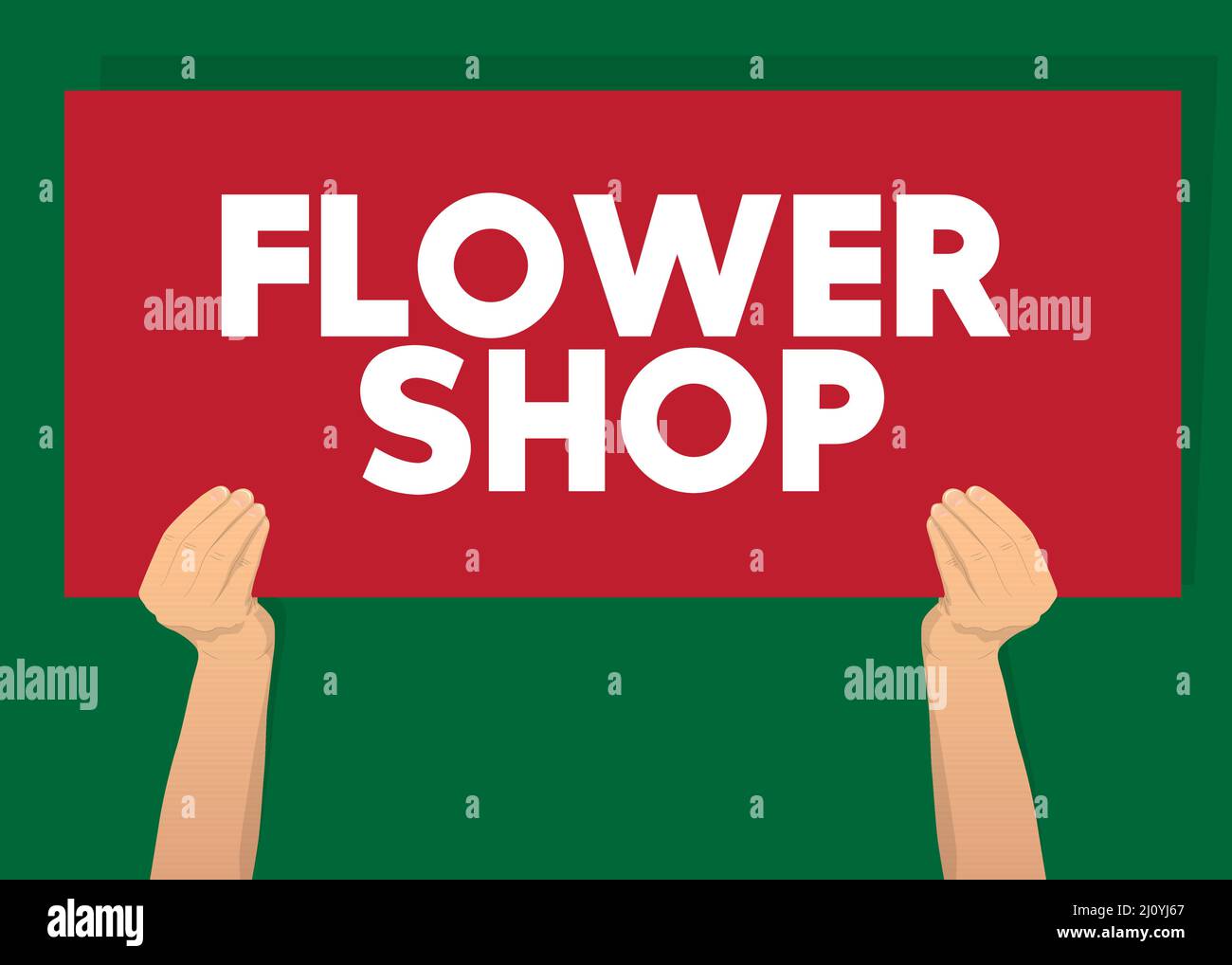 Bandeau de main avec texte Flower Shop sur papier. Homme montrant un panneau d'affichage. Illustration de Vecteur