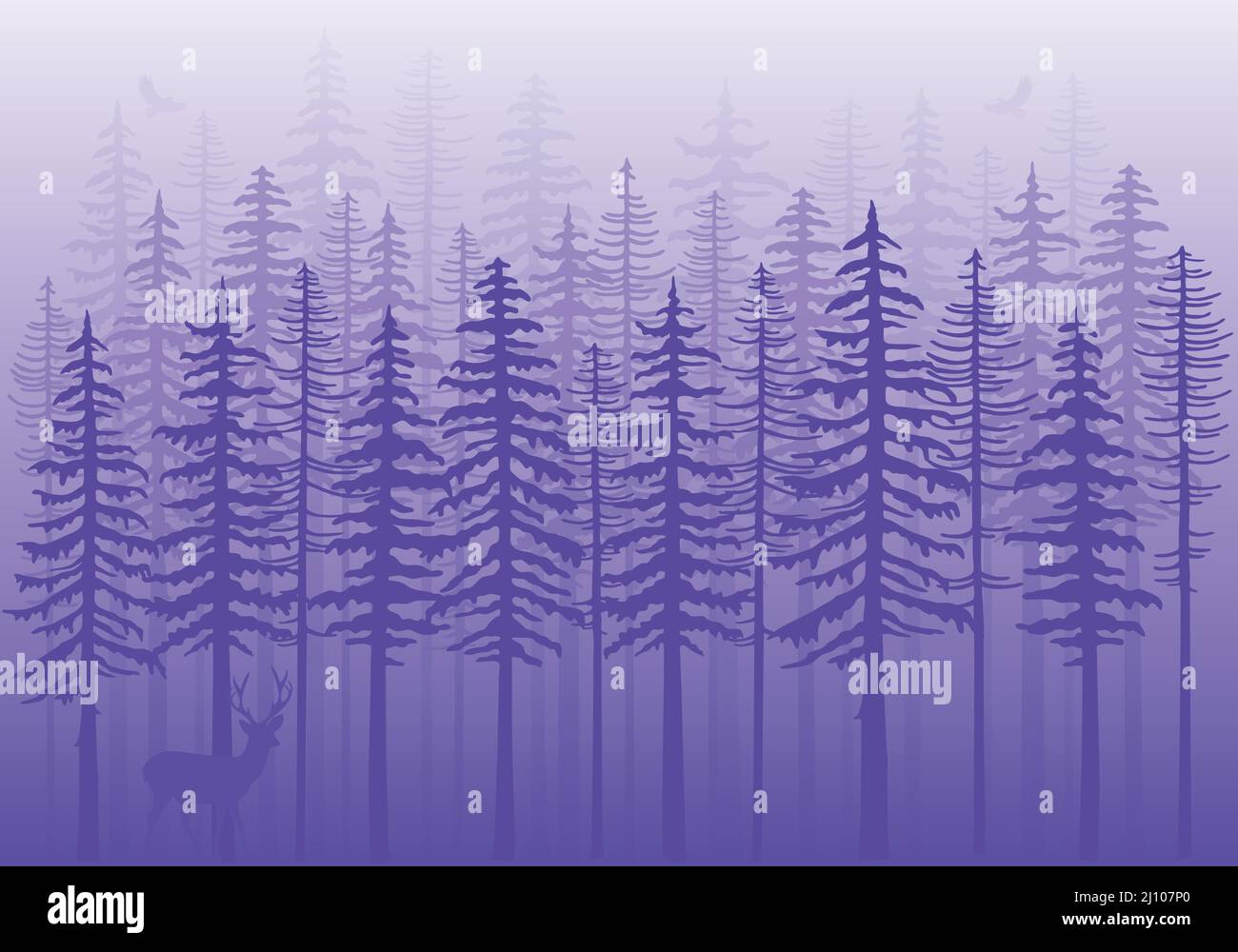 Forêt d'hiver pourpre avec sapins, cerfs et oiseaux, illustration de fond très périple Illustration de Vecteur