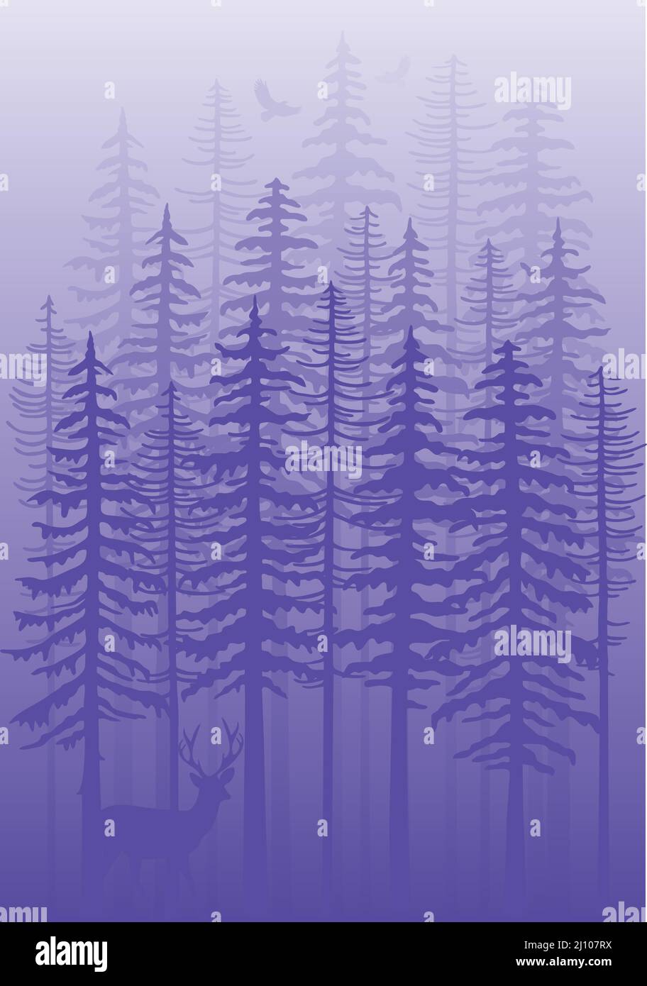 Forêt d'hiver pourpre avec sapins, cerfs et oiseaux, illustration de fond très périple Illustration de Vecteur