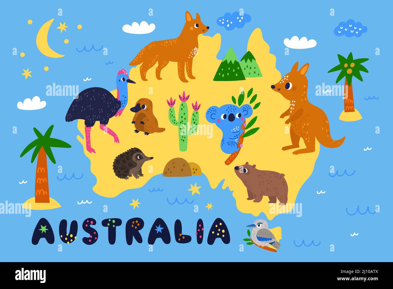 Carte des animaux australiens. Faune exotique mignonne. Drôle de platypus et de koala. Personnages de mammifères pour enfants. Kangourou ou ou échidna. Diable de Tasmanie. Habitat de Illustration de Vecteur