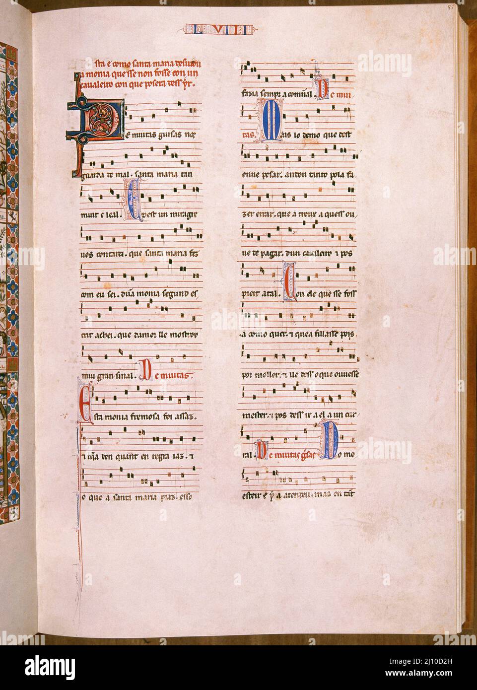 MTI1 - CANTIGA DE SANTA MARIA Nº58 - F85R - PENTAGRAMA MUSICAL - ESTROFA EN VERSO GALAICO PORTUGUES - SIGLO XIII Auteur: Alfonso X de Castille. LIEU: MONASTERIO-BIBLIOTECA-COLECCION. SAN LORENZO DEL ESCORIAL. MADRID. ESPAGNE. Banque D'Images