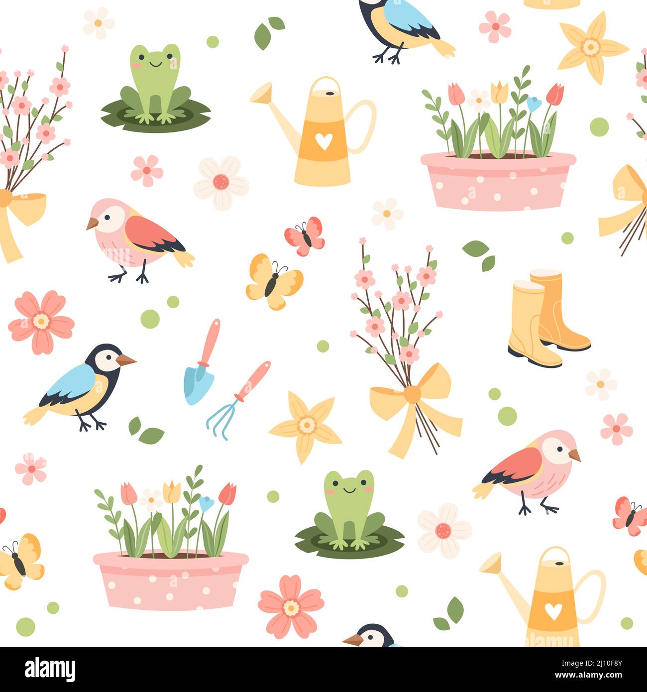 Motif de fleurs de printemps - tulipes, oiseaux et papillons, outils de jardinage. Illustration vectorielle de style dessin animé plat Illustration de Vecteur