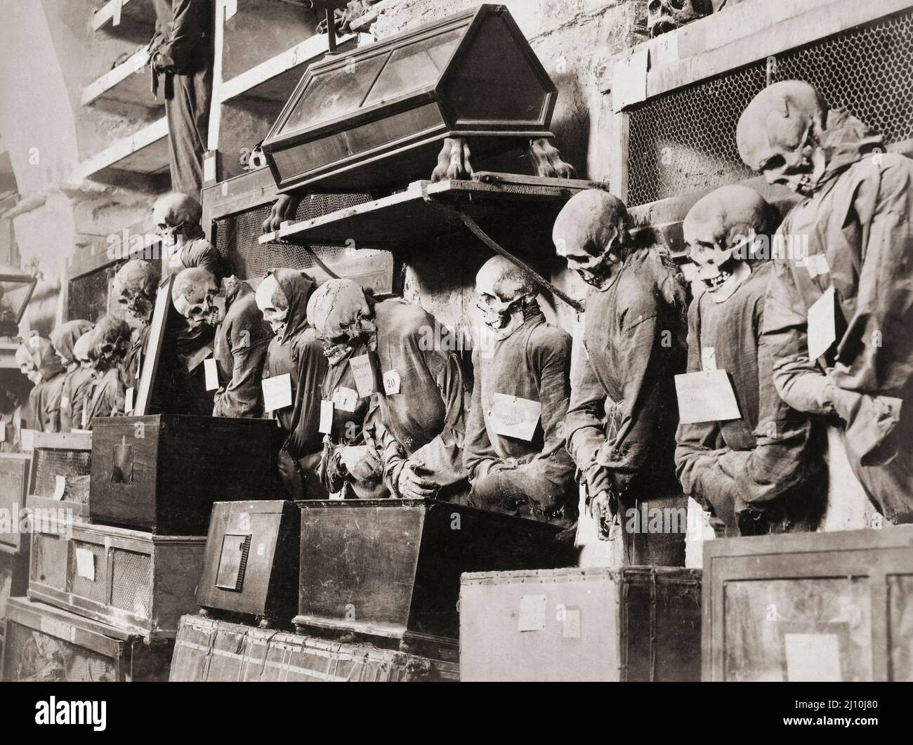 Corps momifiés de moines décédés dans les catacombes de Capuchin de Palerme, Sicile, Italie. Après un travail du photographe italien Giuseppe incorpora vers 1895. Banque D'Images