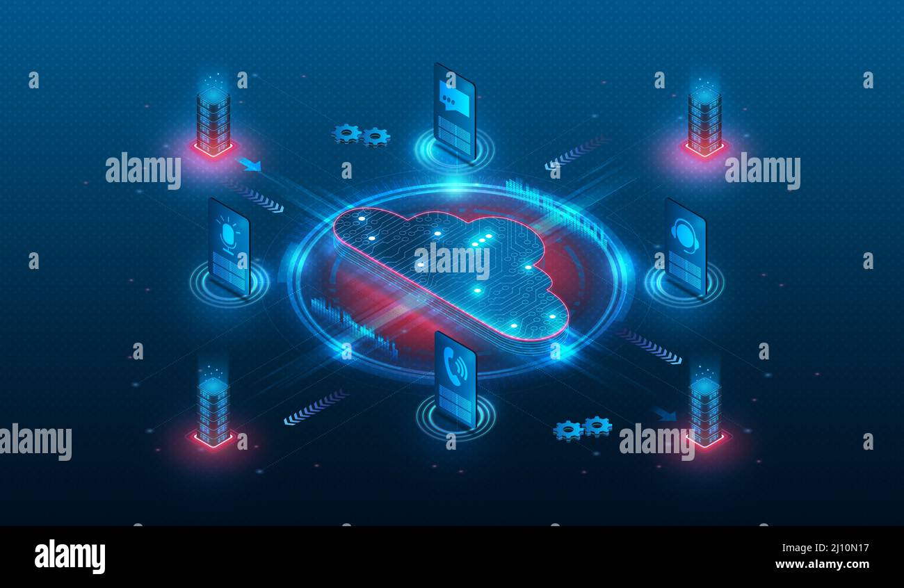 Cloud Communications - Contact Center as a Service - CCaaS - application SaaS qui aide les entreprises à gérer les interactions client entre les canaux - 3D I. Banque D'Images