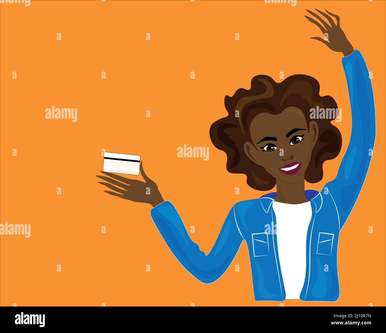 femme afro-américaine mignonne avec une carte de crédit. Il est temps de commencer quelque chose de nouveau. Concept d'achat Illustration de Vecteur