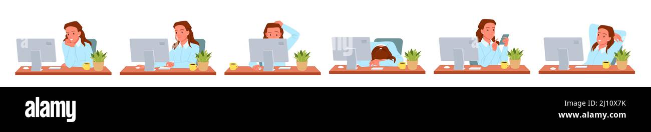 Travail de femme dans différentes poses devant l'ordinateur, femme d'affaires assis au bureau Illustration de Vecteur Travail de femme dans différentes poses devant l'ordinateur, femme d'affaires assis au bureau Illustration de Vecteur