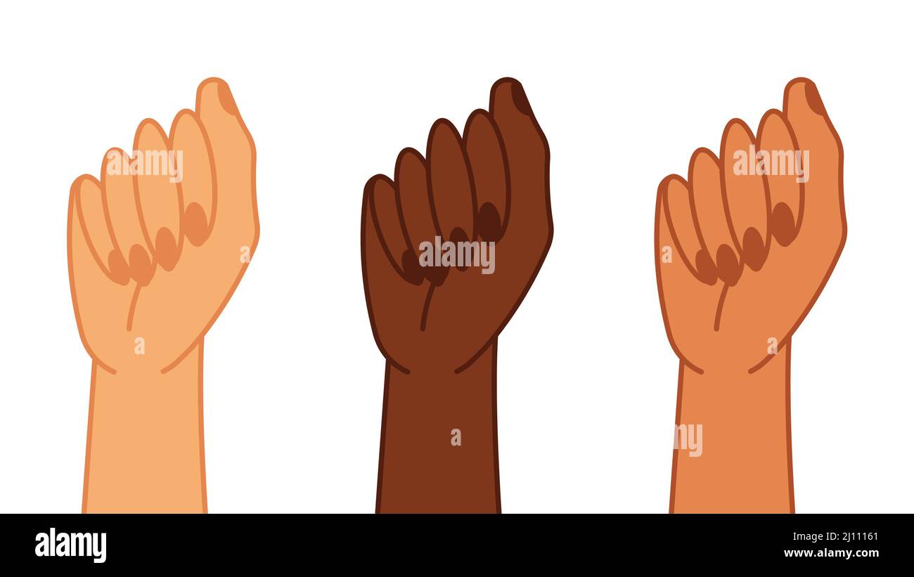 Trois mains femelles sont relevées. Le concept du féminisme, de l'égalité, de la liberté et des droits des femmes. Illustration vectorielle moderne sur fond blanc. Illustration de Vecteur