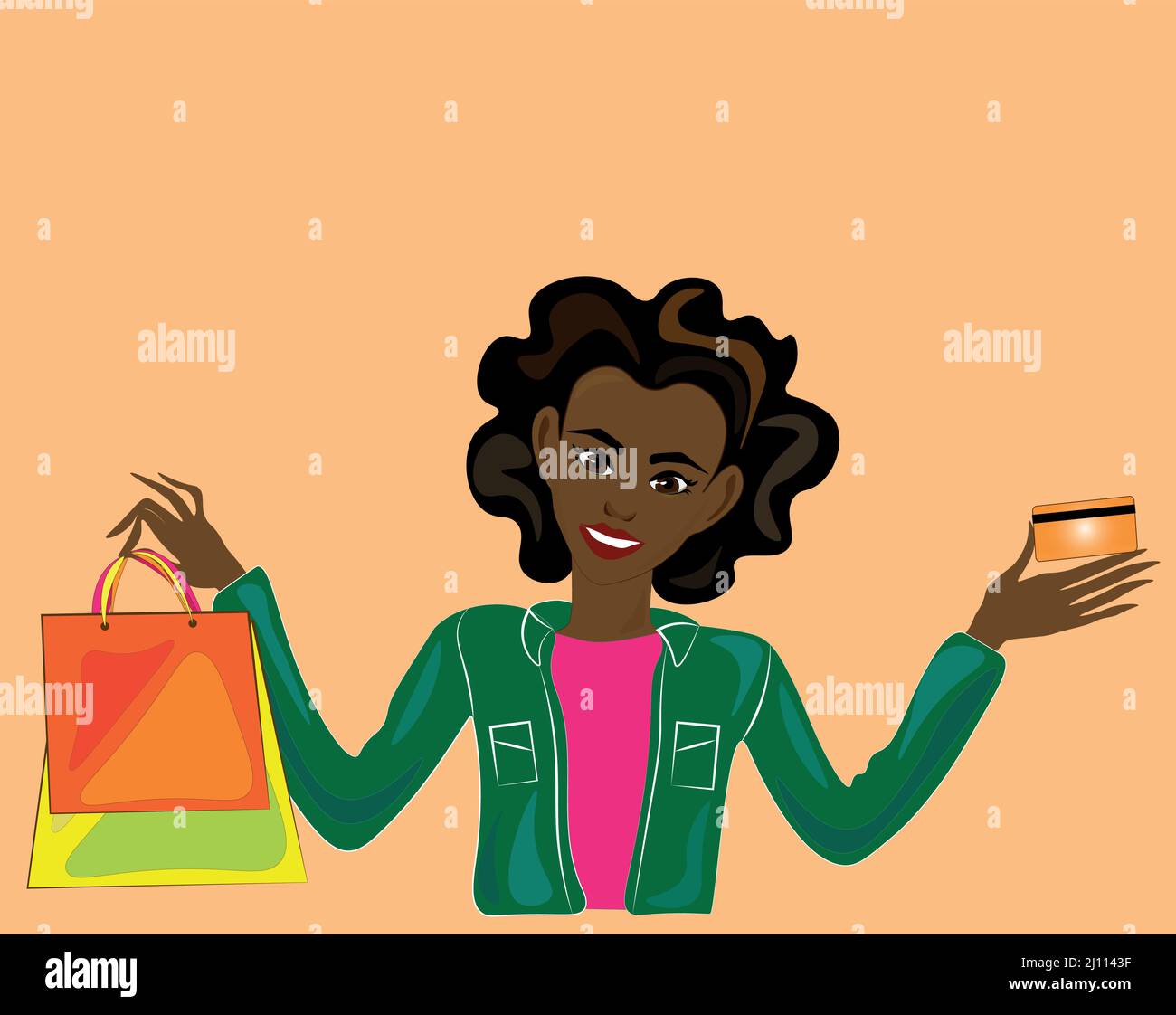 Illustration d'une jolie femme afro-américaine avec des sacs de shopping et une carte de crédit. Temps de shopping. Illustration de Vecteur