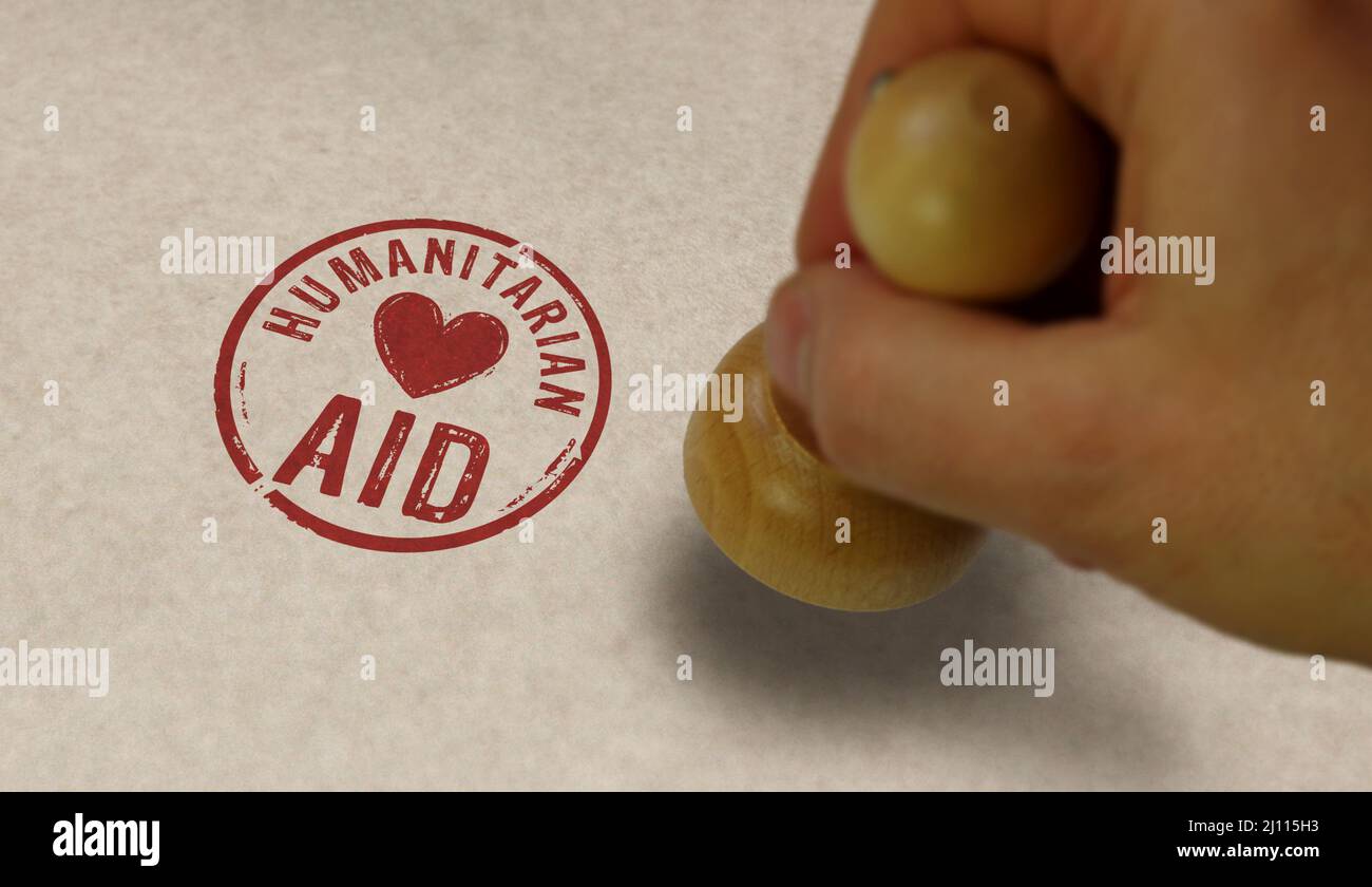 Timbre et main estampillée de l'aide humanitaire. Aider les réfugiés, le bénévolat et le sauvetage pendant le concept de crise. Banque D'Images