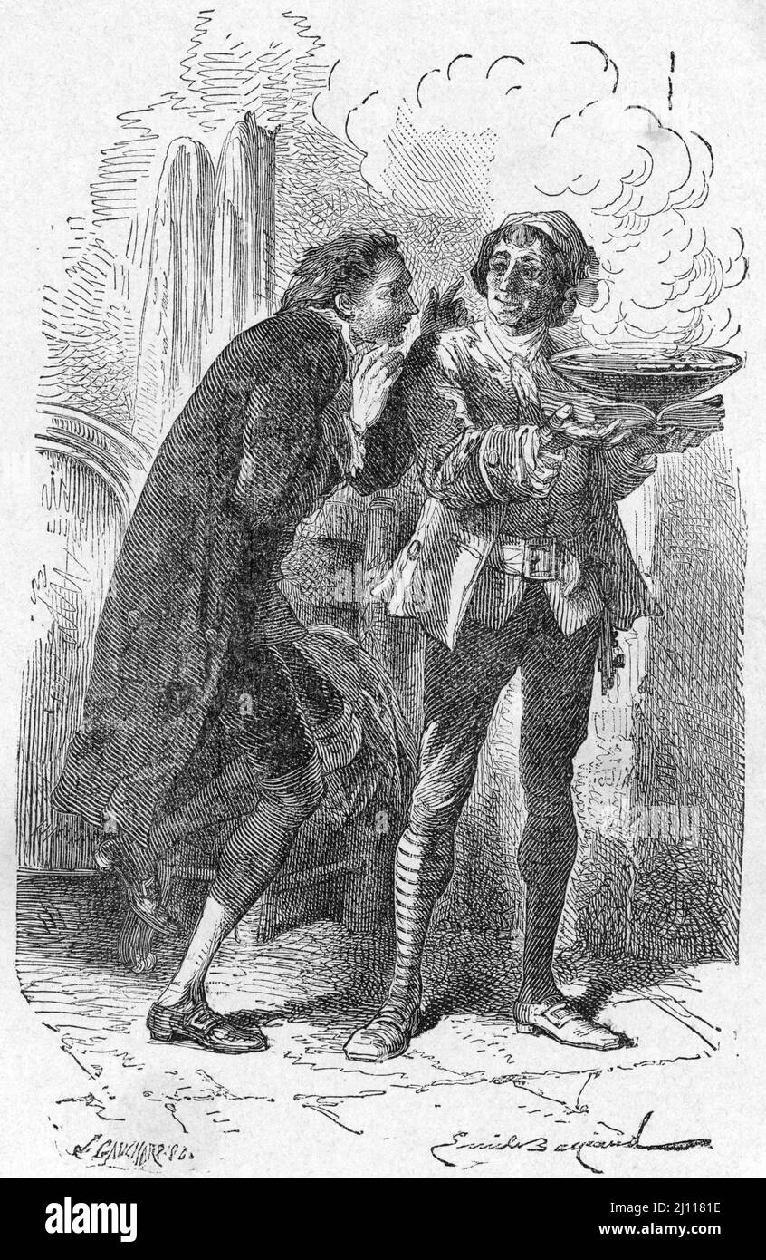 'Le libertin et aventurier venitien Giacomo Casanova (1725-1798) préparateur son évasion de la prison des plombs a Venise en fait passer une arme dans un plat de maccheroni 1756' (Le libertin vénitien et aventurier Giacomo Casanova (1725-1798) préparant son évasion de la prison dei Piombi à Venise en se cachant Une arme dans un plat de maccheroni 1756) Gravure tiree de 'Fughe famose' 1874 Collection privee Banque D'Images