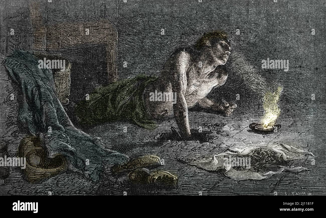 'Le libertin et aventurier venitien Giacomo Casanova (1725-1798) préparateur son évasion de la prison des plombs a Venise en crésant un tunnel dans sa cellule » (Le libertin vénitien et aventurier Giacomo Casanova (1725-1798) préparant son évasion de la prison dei Piombi à Venise 1756) Gravee tiree de 'Fughe famose' 1874 Collection privee Banque D'Images