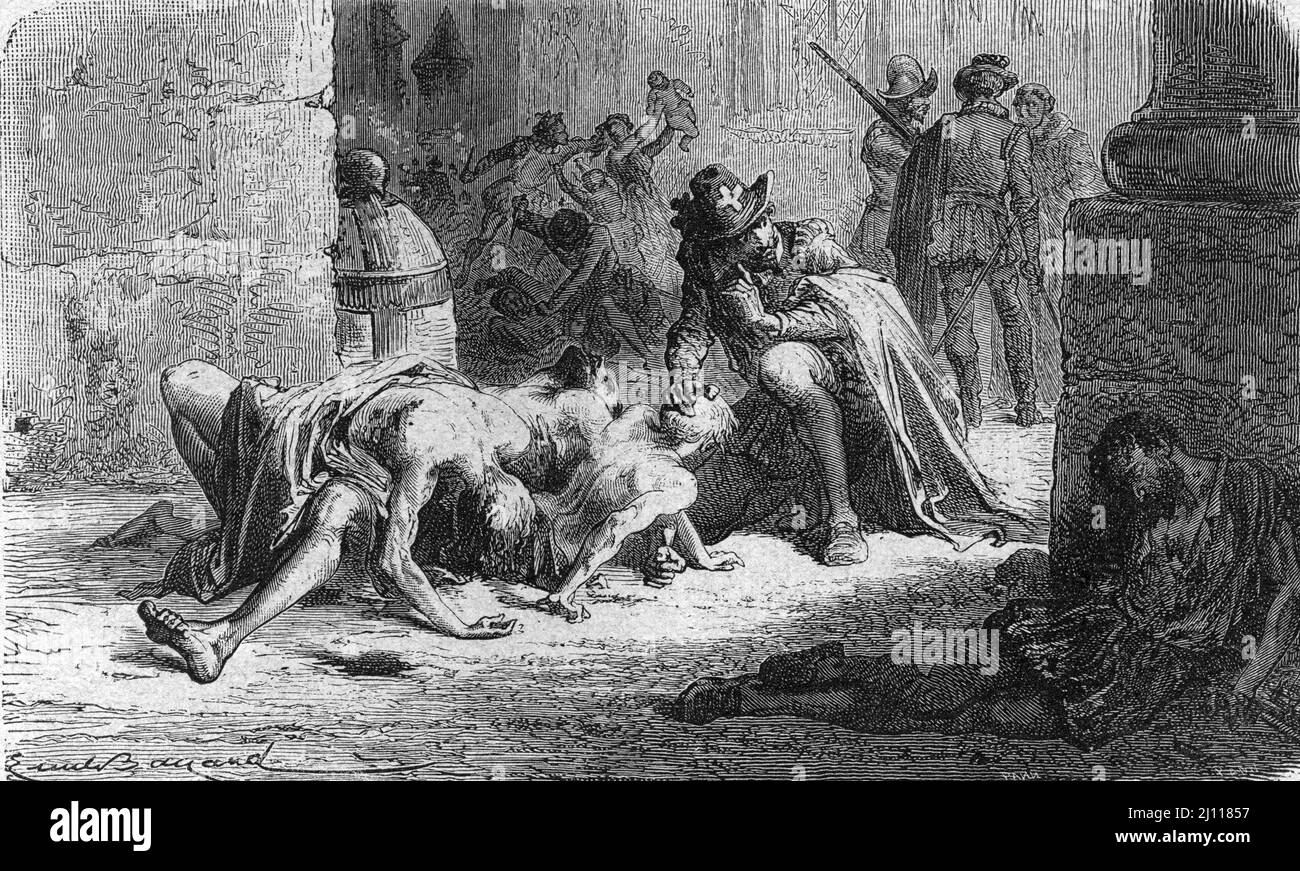 Massacre de la saint-Barthélemy le 24 aout 1572 : Jacques Nompar de Caumont (1558-1653) cache entre les corps de son frère et de son père tues (Jacques-Nompar de Caumont, duc de la Force a survécu au massacre de Saint Bartholomée en 1572 en se cachant parmi les cadavres de son frère et de son père) Gravure tiree de 'Fughe Famose' 1574 Collection privee Banque D'Images