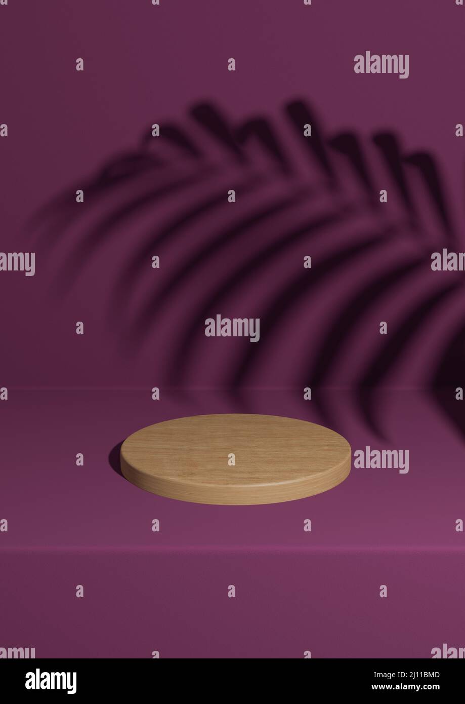 Magenta foncé, violet 3D rendant un arrière-plan simple et minimal de podium de produit en bois avec ombre de feuilles de palmier pour les produits de la nature sur support cylindrique Banque D'Images