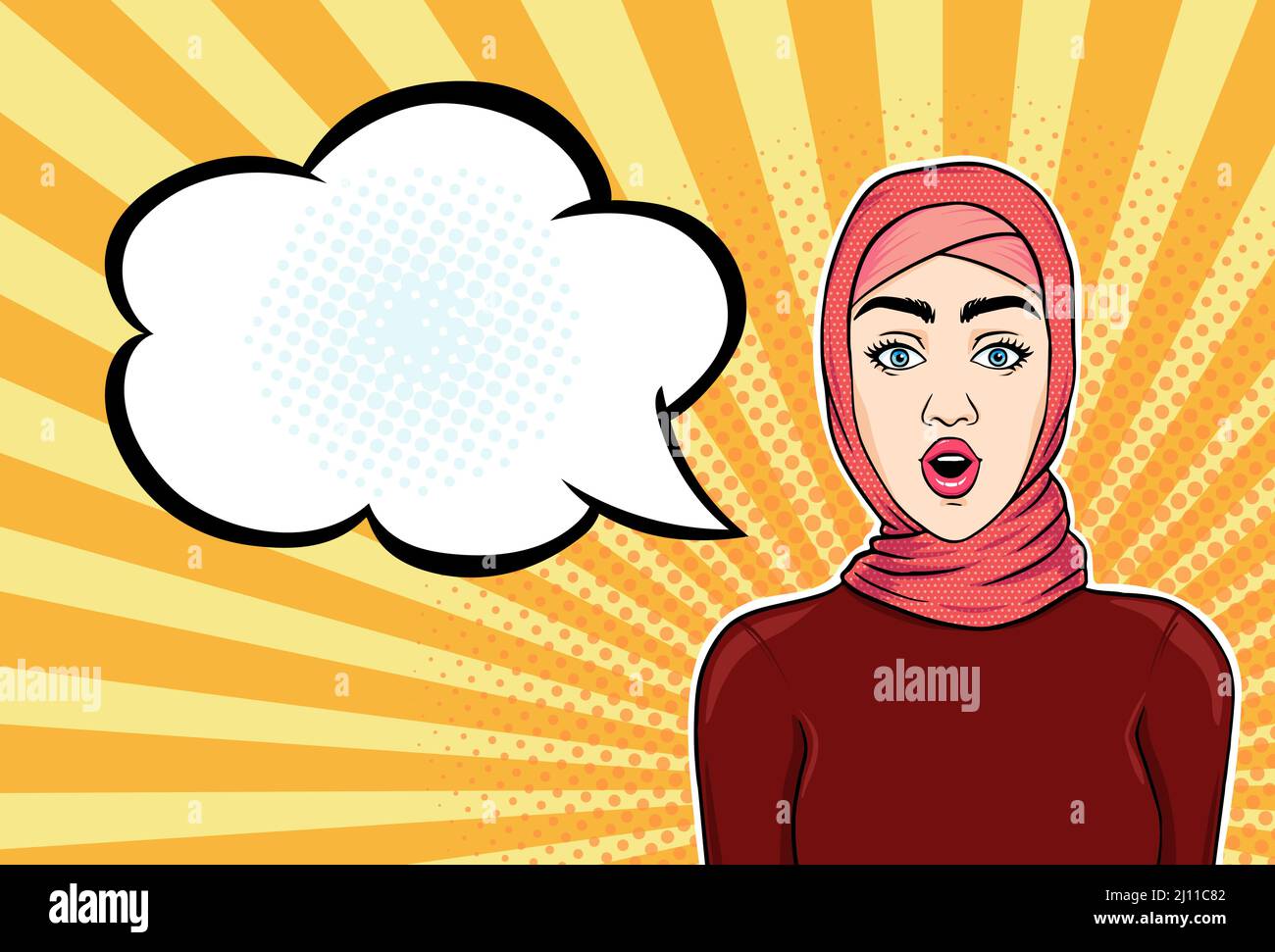 Une femme musulmane a choqué le visage avec la bouche ouverte et les yeux étoilés dans le hijab avec un nuage de parole vide pour le message, illustration vectorielle dessinée à la main dans un pop rétro Illustration de Vecteur