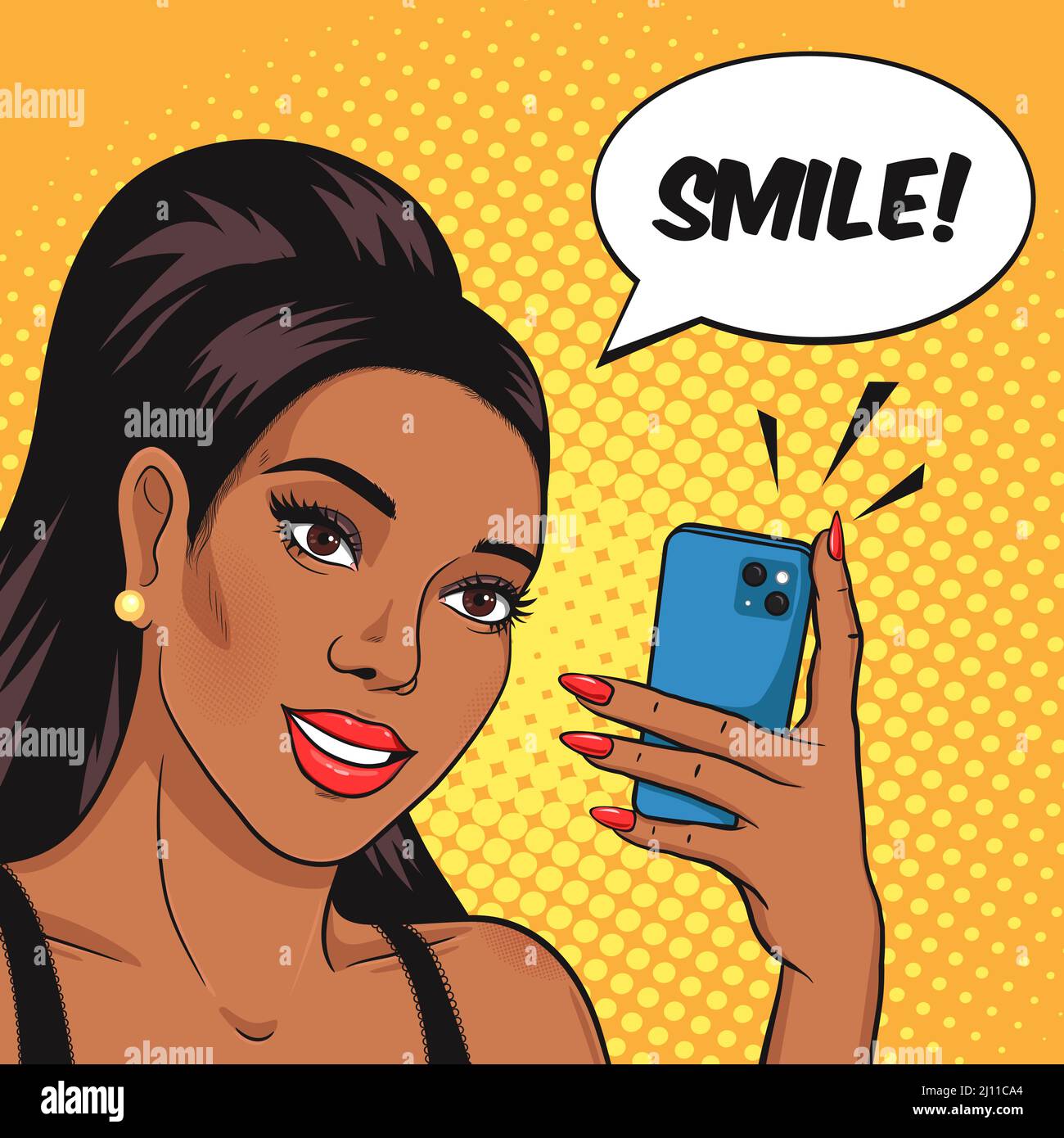 Bonne femme afro-américaine souriant et prenant des photos sur son smartphone avec la bulle de texte Smile! Illustration vectorielle style comics rétro de Selfie pop art Illustration de Vecteur