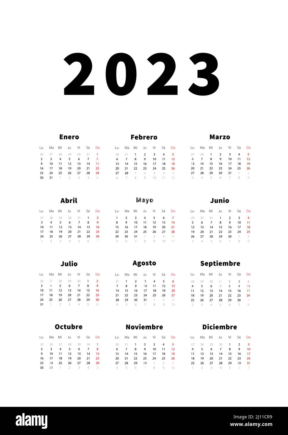 Calendrier Espagnol 2023 Calendrier Vertical Simple De 2023 Ans En Espagnol, Calendrier  Typographique Isolé Sur Blanc Image Vectorielle Stock - Alamy