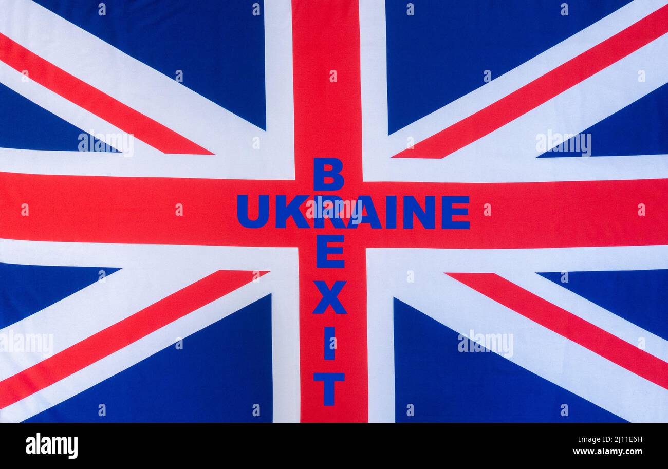 Texte du Brexit sur l'Ukraine sur le drapeau de l'Union britannique Jack. Boris Johnson, discours Ukraine/Brexit... concept. Banque D'Images
