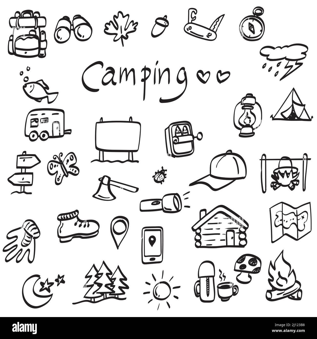 éléments de camping et de randonnée illustration vecteur dessiné à la main isolé sur fond blanc ligne art. Illustration de Vecteur