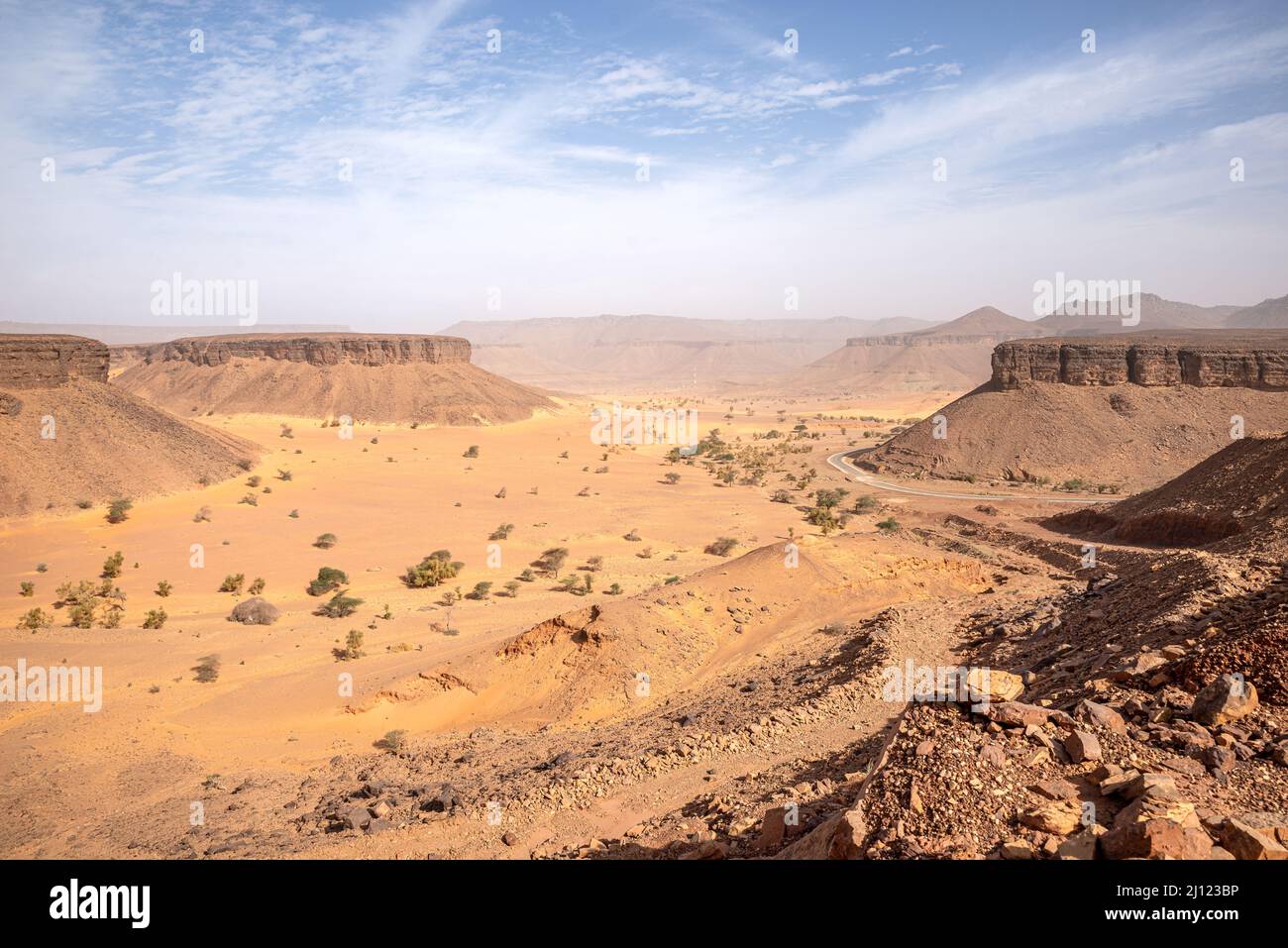 Paysage rocailleux et sablonneux, région d'Adrar, Mauritanie Banque D'Images