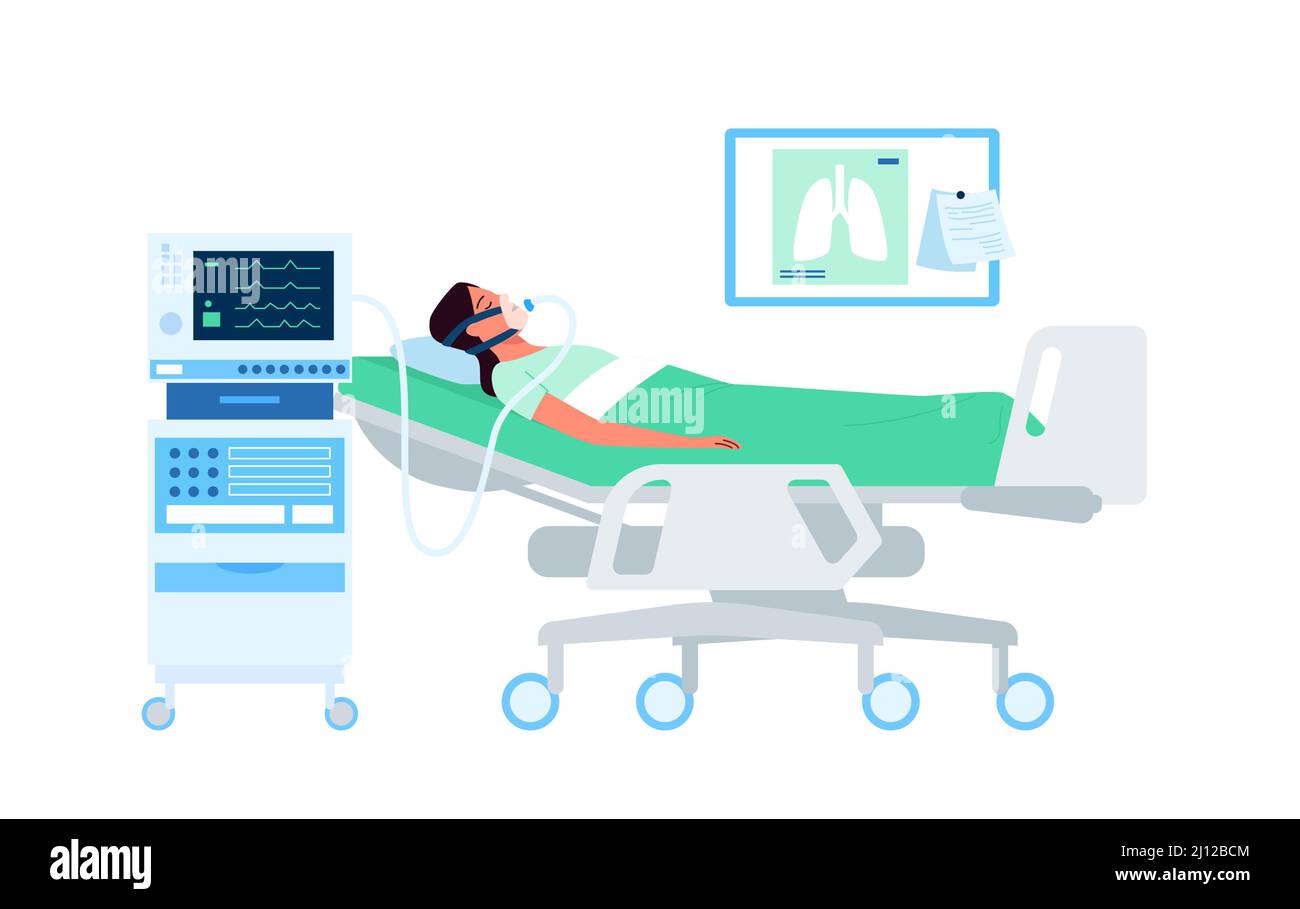 Ventilation pulmonaire du patient dans l'unité de soins intensifs, malade couché sur le lit de l'hôpital Illustration de Vecteur