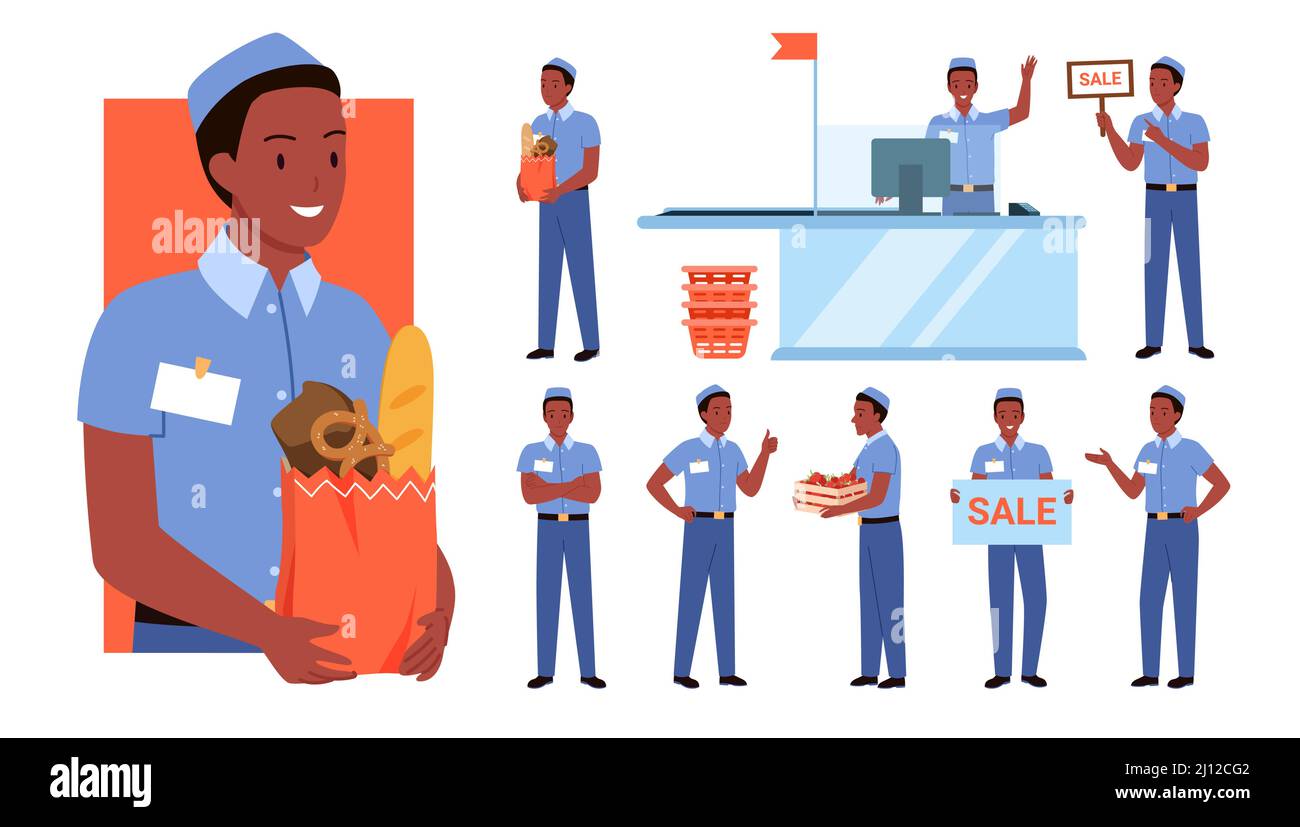 Ensemble de vendeurs de type afro-américains dans diverses poses de travail Illustration de Vecteur Ensemble de vendeurs de type afro-américains dans diverses poses de travail Illustration de Vecteur