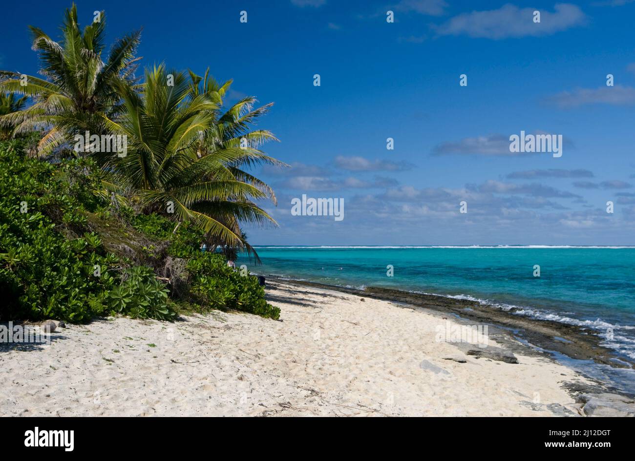 Tiny Mystery Island est une île parfaite, avec des sentiers sablonneux qui mènent à des plages blanches bordées de cocotiers et de lagons limpides, Banque D'Images