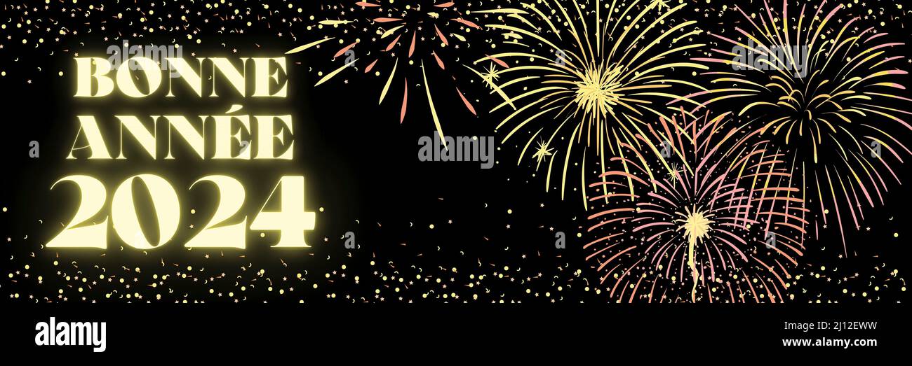 Illustration du nouvel an 2024 en langue française avec feux d'artifice