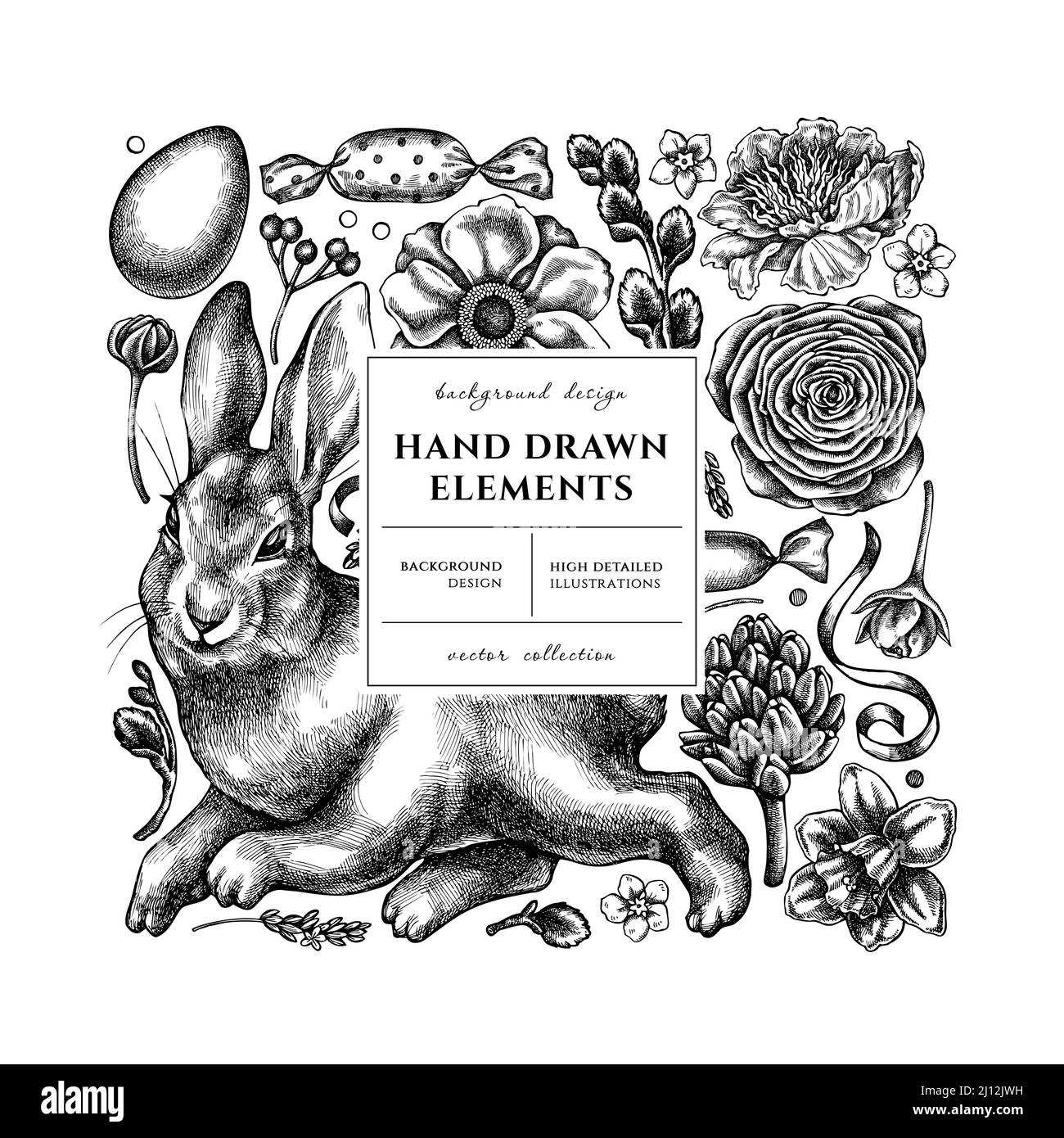 Carte de Pâques carrée ou motif invitation. Structure avec lapin, œufs, branches de saule, etc Illustration de Vecteur