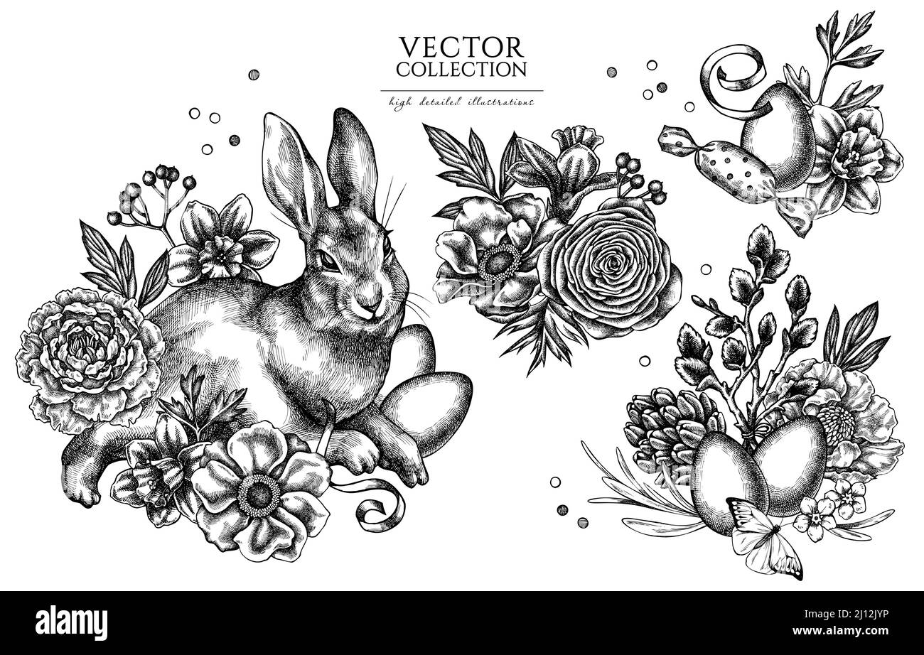 Collection d'illustrations vintage de Pâques. Logos dessinés à la main avec lapin, œufs, branches de saule, etc Illustration de Vecteur
