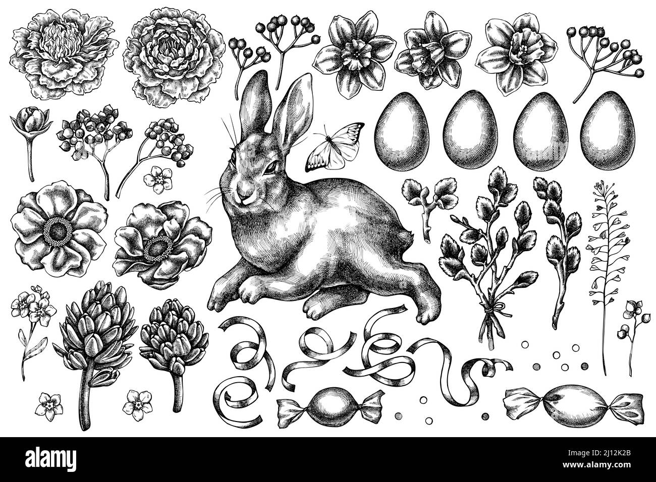 Collection Easter vintage Vector illustrations. Lapin noir et blanc, œufs, branches de saule, etc Illustration de Vecteur