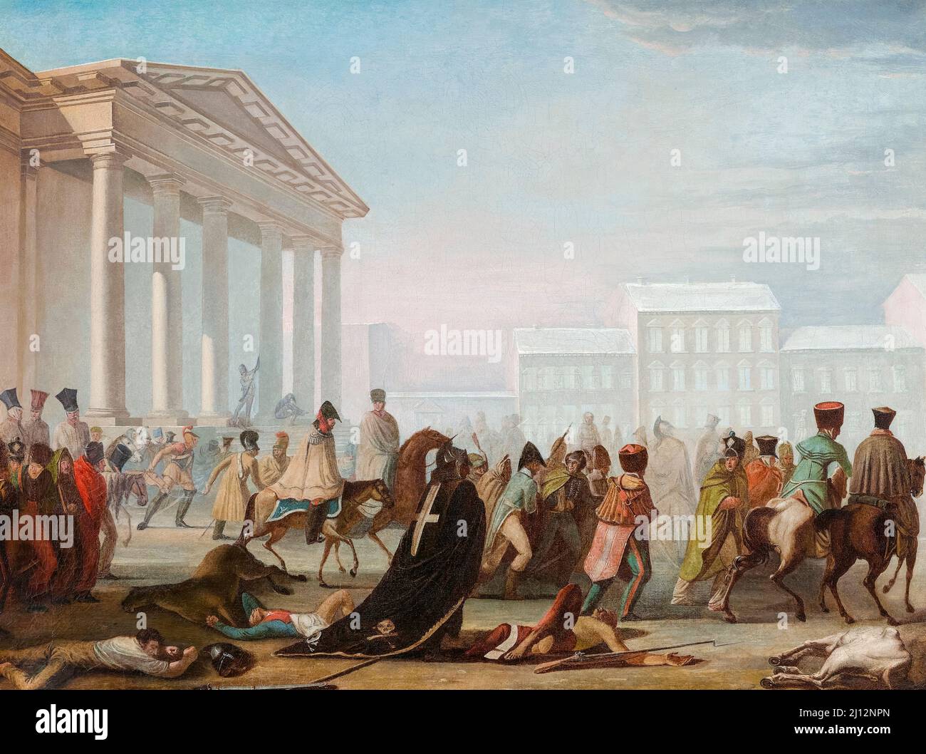Retraite de l’armée de Napoléon à Vilnius, décembre 10th 1812, peinture à l’huile sur toile par Gonnniewski après Jan Krzysztof Damel, 1890-1920 Banque D'Images