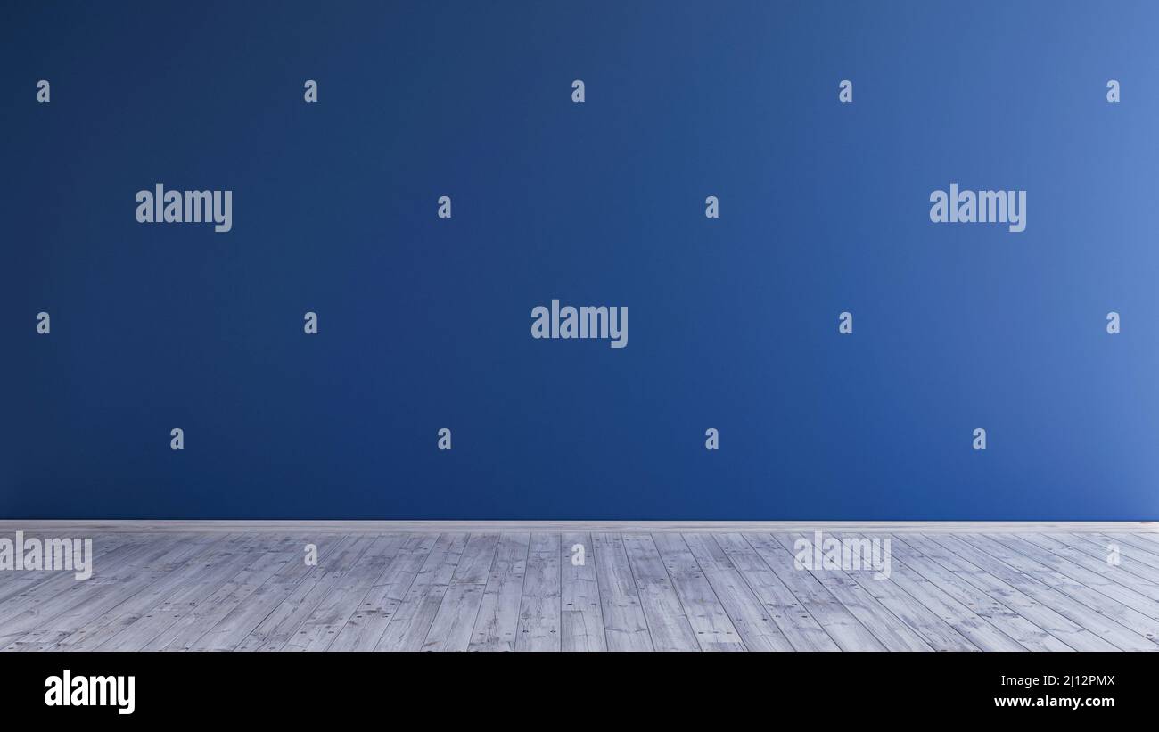 Chambre vide 3D rendu, moderne bleu salon design, 3D visualisation, arrière-plan intérieur illustration, haut plafond, plancher en chêne minimaliste Banque D'Images