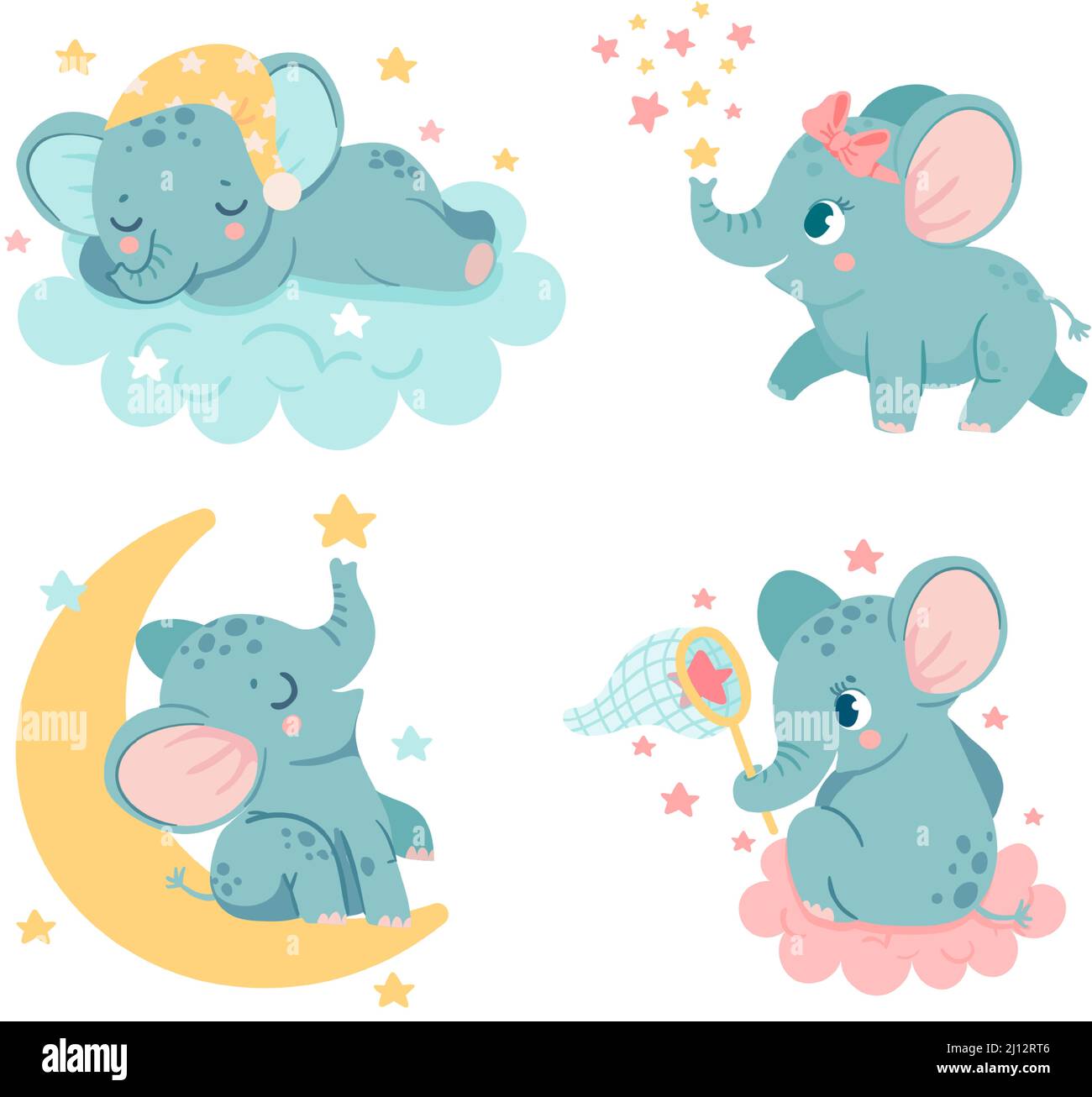 Jolis éléphants de dessin animé. Les personnages de bébé rêvent, dorment sur un nuage moelleux. Adorable animal assis sur la lune Illustration de Vecteur