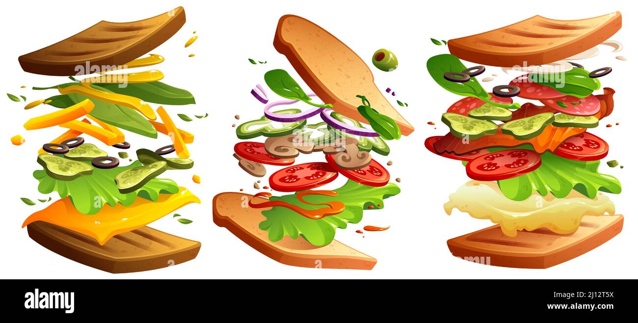 Sandwichs avec pain, fromage, laitue, jambon et tranches de légumes. Ensemble de sandwiches volants avec des couches de toasts, salade, pommes de terre frites, tomate, oignon, concombre et mayonnaise Illustration de Vecteur