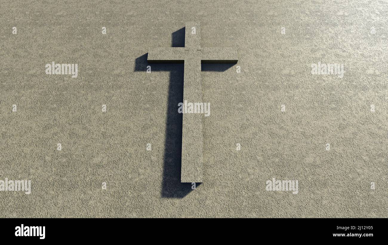 Concept ou croix pavée conceptuelle sur un fond de chaussée de pierre. 3D métaphore de l'illustration pour Dieu, Christ, Christianisme, religieux, foi, saint Banque D'Images