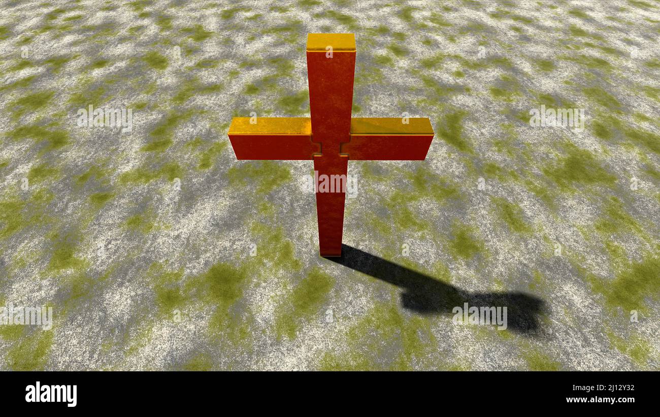 Concept ou croix dorée conceptuelle sur fond de pierre grungy vintage. 3D métaphore de l'illustration pour Dieu, Christ, Christianisme, religieux, foi, hol Banque D'Images