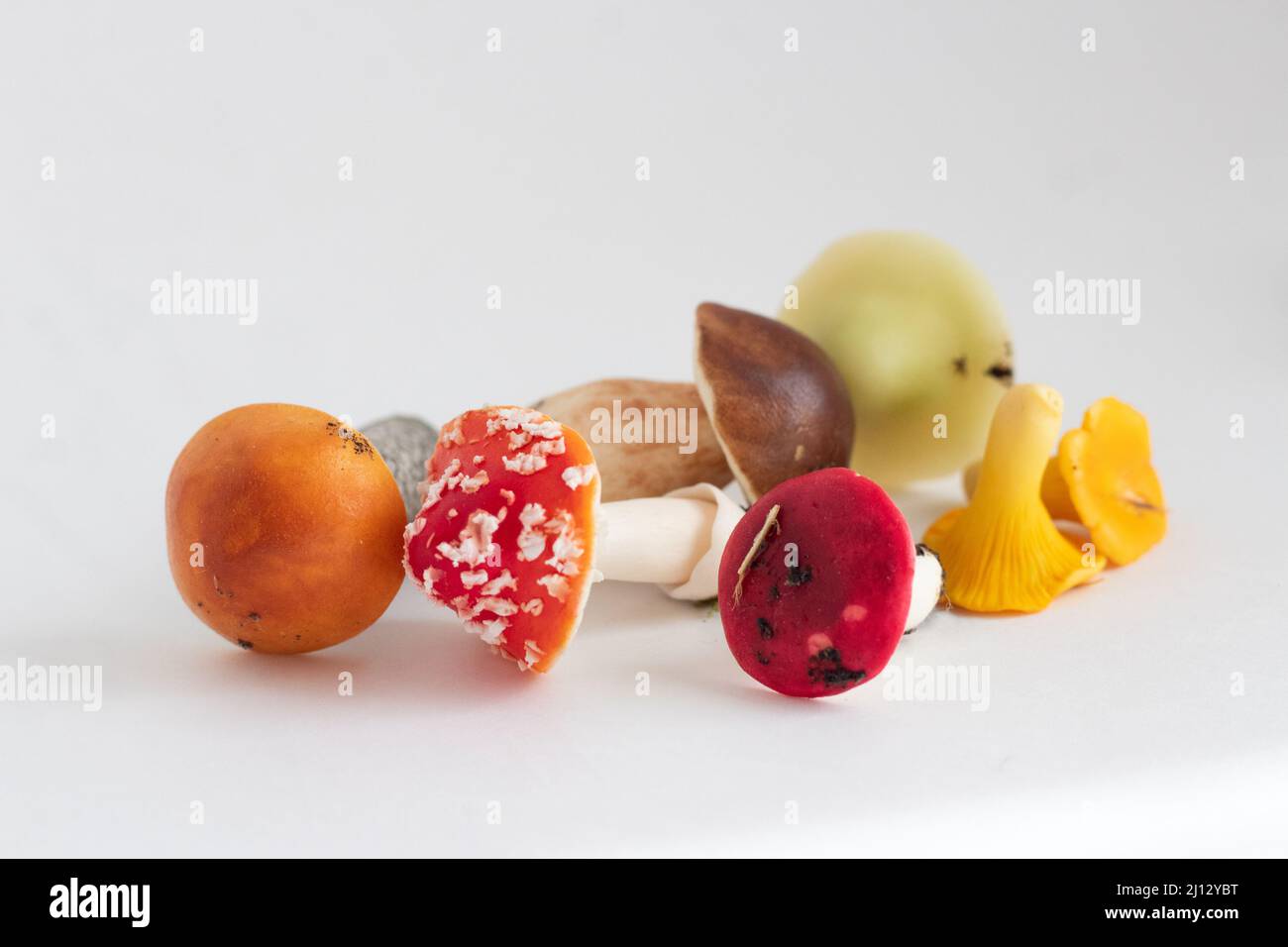 Figurines miniatures de champignons des trembles, myrtille, chanterelle, agaric de mouche, syroezhka, tabouret pâle sur fond blanc isolé Banque D'Images