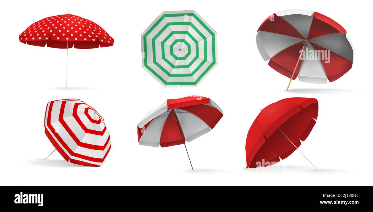 Parasol réaliste de plage de 3D pour la protection du soleil. Parasol avec bandes rouges blanches sur le dessus et vue en angle. Parapluie pour ensemble de vecteur de piscine Illustration de Vecteur