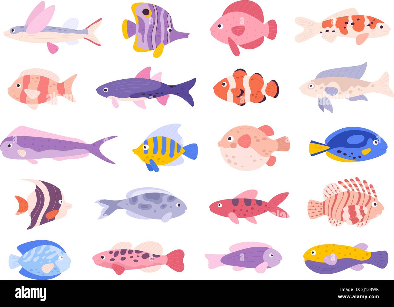 Dessin animé décoratif poissons de mer tropicaux corail pour aquarium. Clown, lion, ange, guppy et poisson volant. Ensemble de vecteurs exotiques d'océan pour animaux Illustration de Vecteur